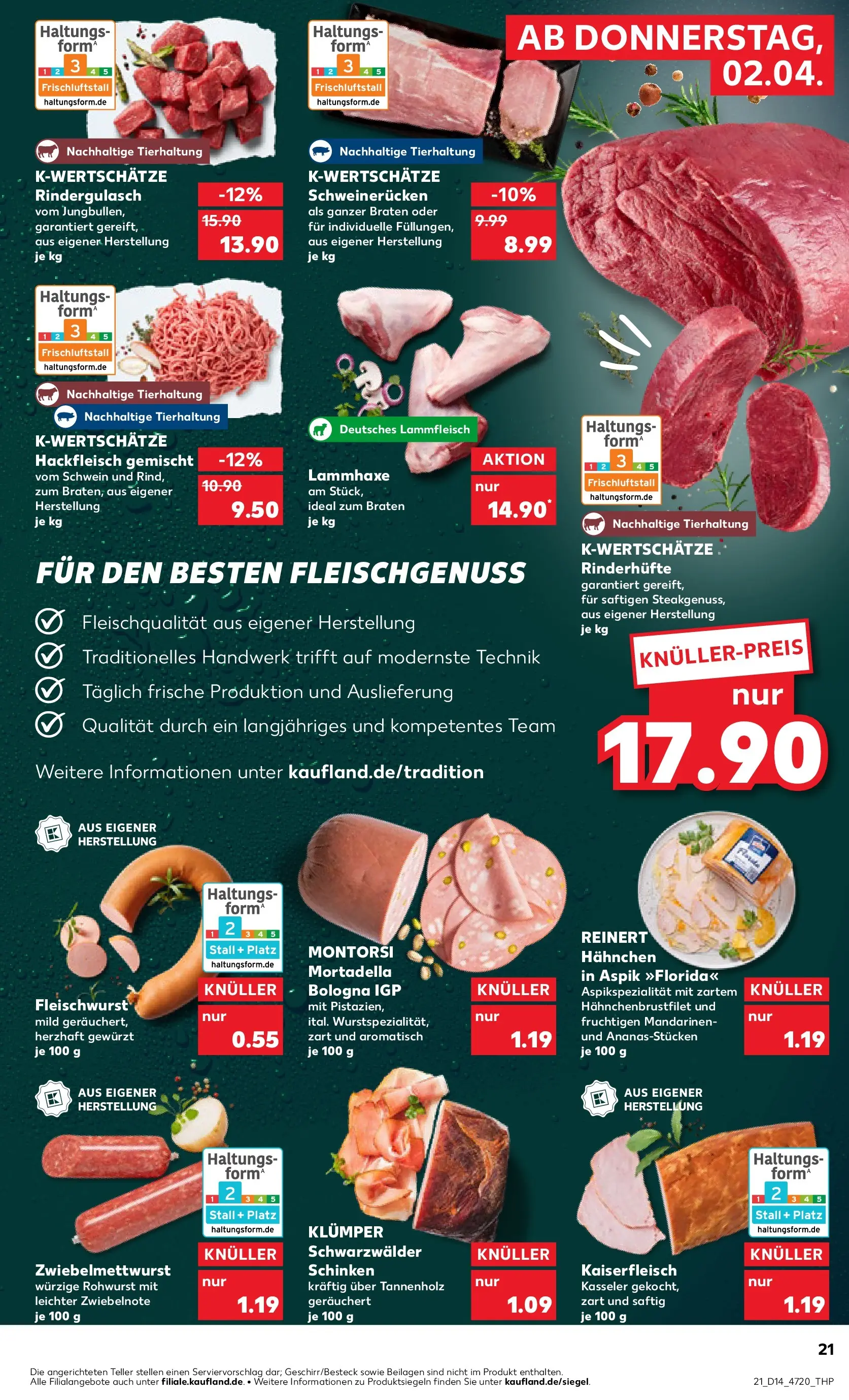 Prospekt Kaufland ab 02.04.2026 » Angebote Online zum Blättern | Seite: 21 | Produkte: Rindergulasch, Mandarinen, Schinken, Hackfleisch