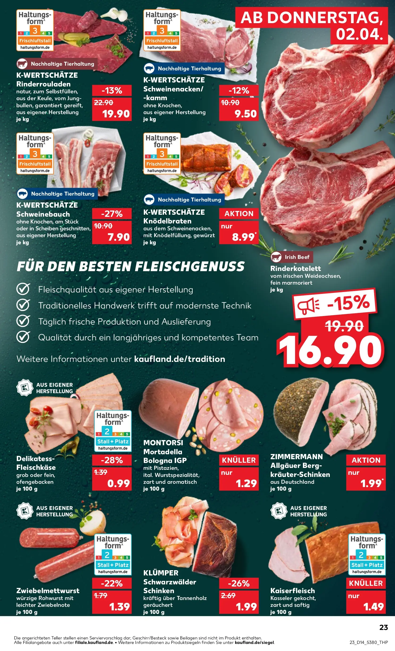 Prospekt Kaufland ab 02.04.2026 » Angebote Online zum Blättern | Seite: 23 | Produkte: Rinderrouladen, Schweinebauch, Schinken