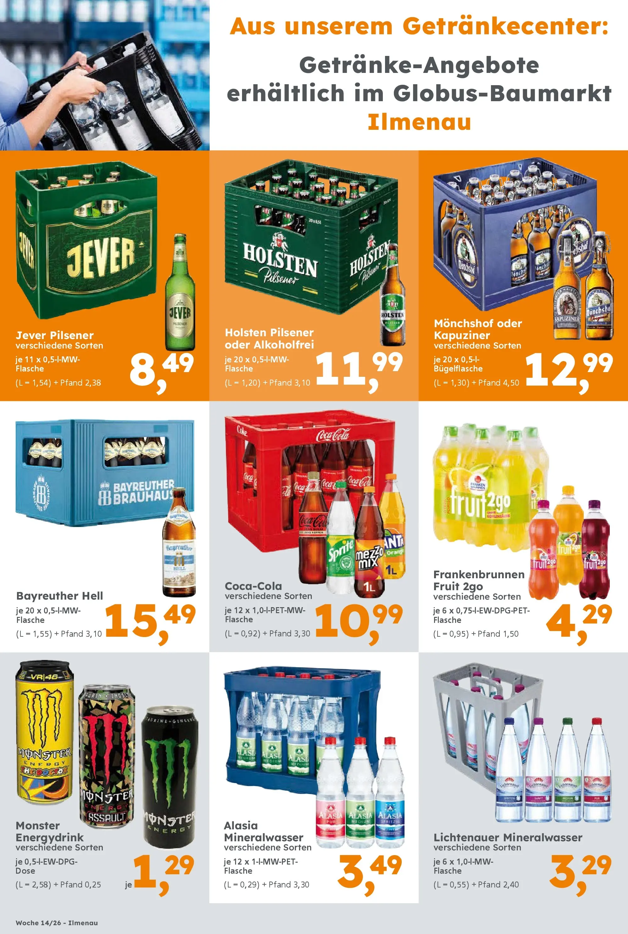 Globus Baumarkt Prospekt Ilmenau	 (ab 30.03.2026) zum Blättern | Seite: 16 | Produkte: Bayreuther hell, Monchshof, Mineralwasser, Jever