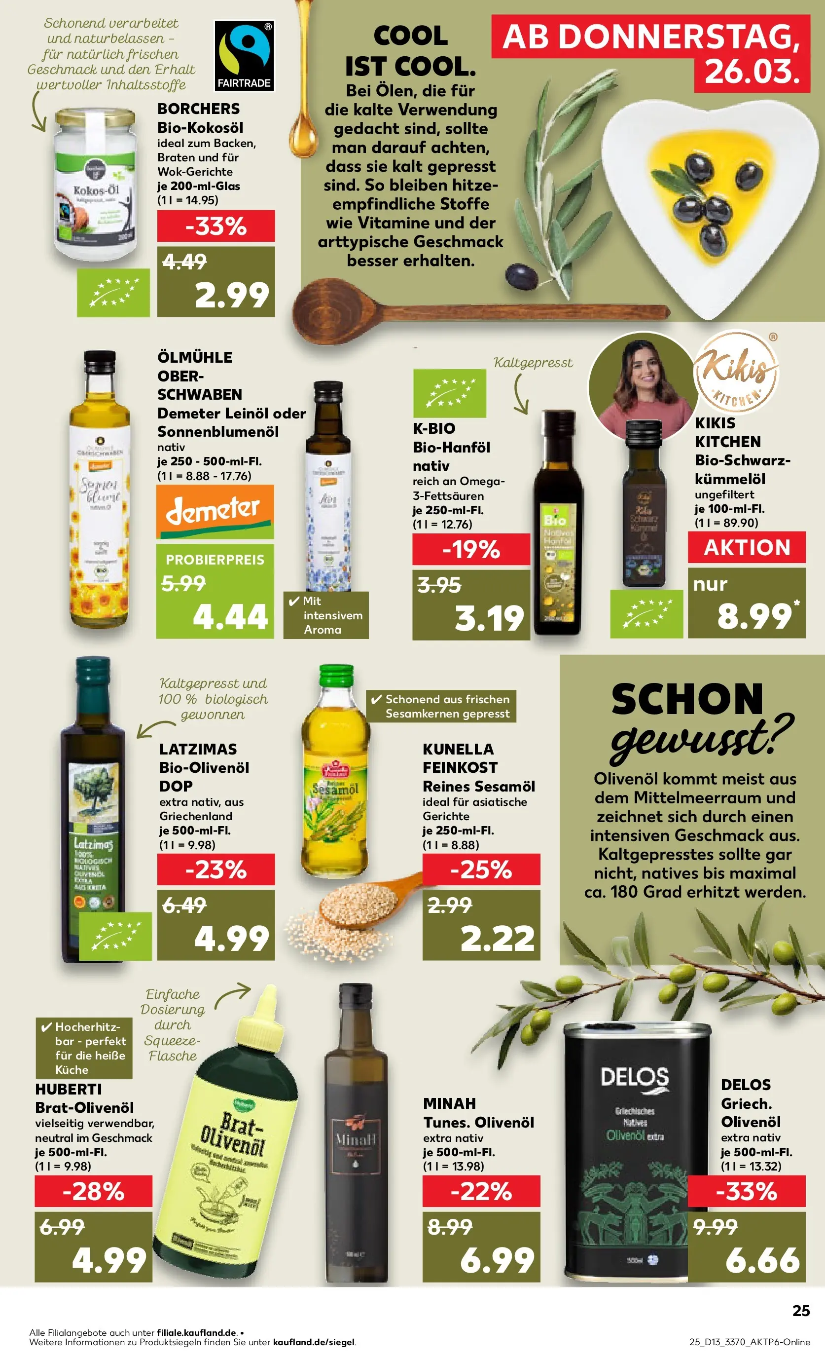 Prospekt Kaufland ab 26.03.2026 » Angebote Online zum Blättern | Seite: 25 | Produkte: Leinöl, Sonnenblumenol, Olivenol, Küche
