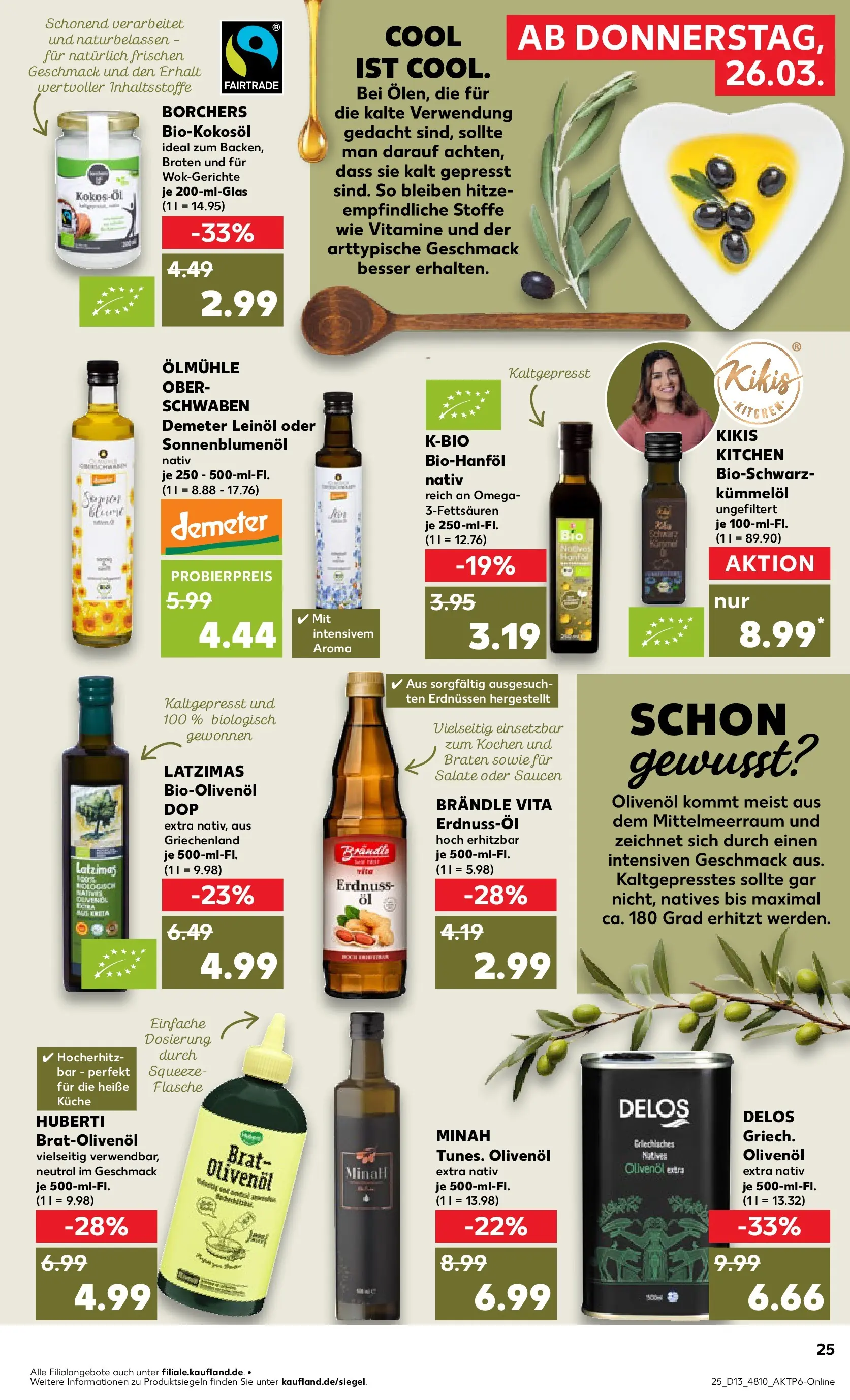 Prospekt Kaufland ab 26.03.2026 » Angebote Online zum Blättern | Seite: 25 | Produkte: Leinöl, Sonnenblumenol, Olivenol, Küche