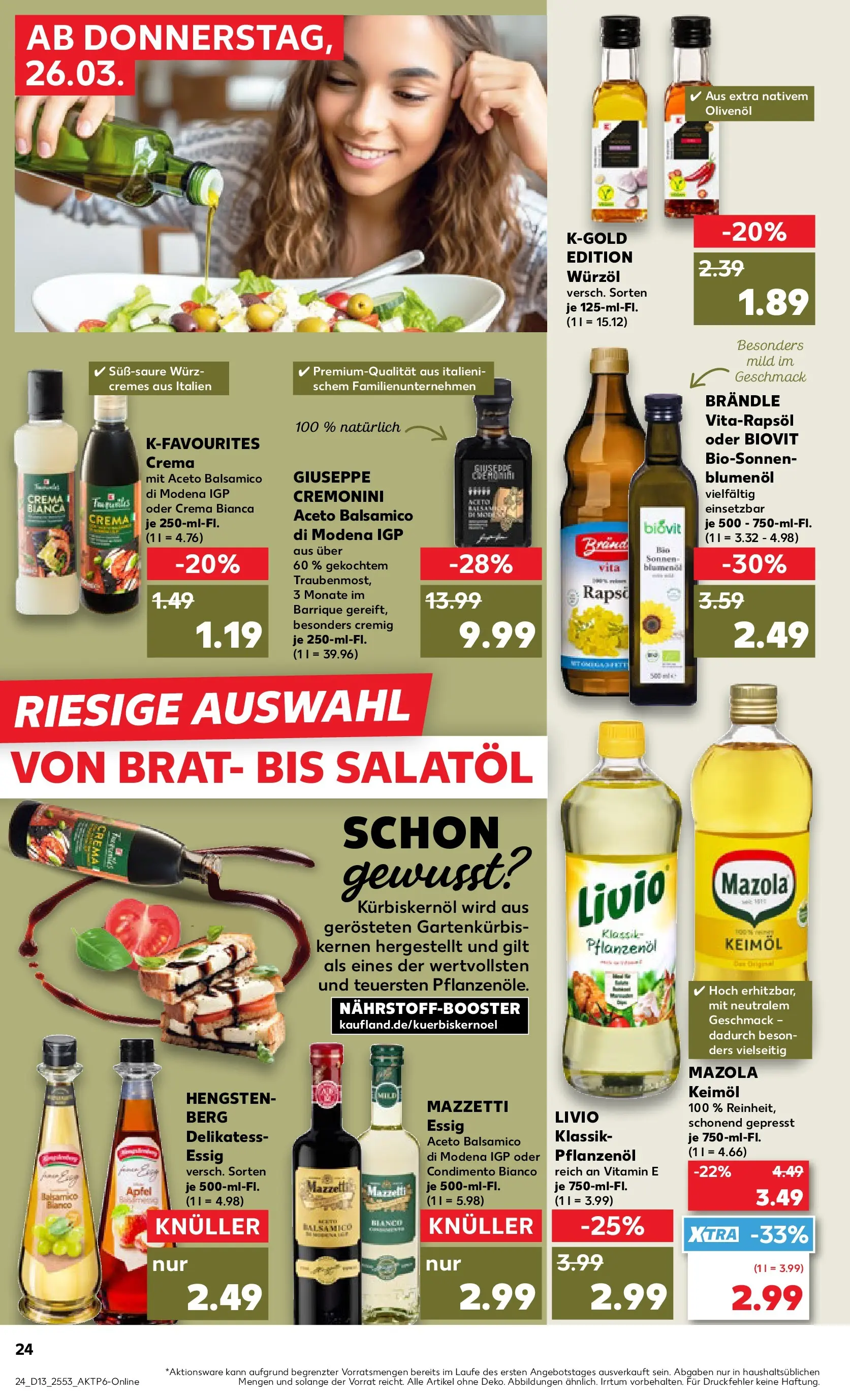 Prospekt Kaufland ab 26.03.2026 » Angebote Online zum Blättern | Seite: 24 | Produkte: Kürbiskernöl, Balsamico, Olivenol, Äpfel