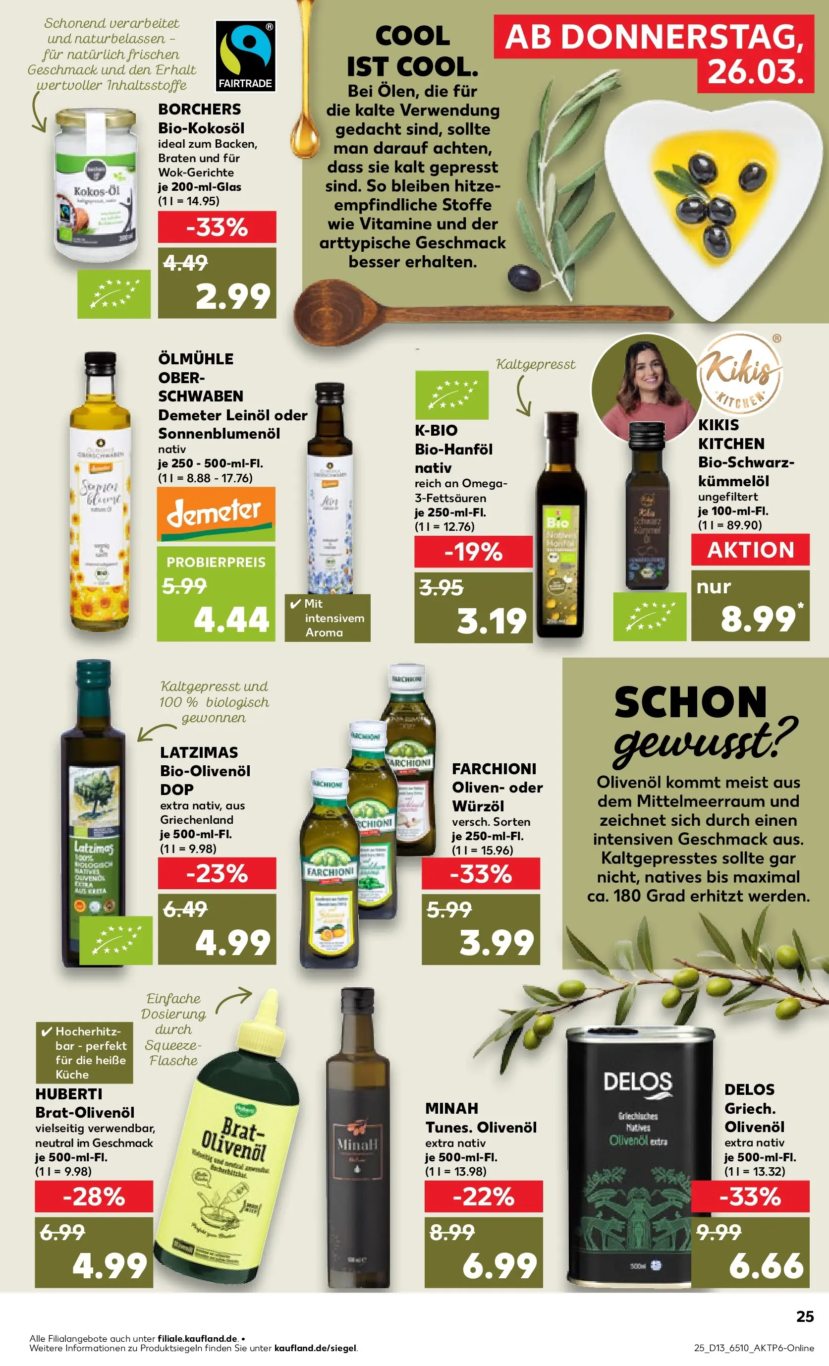 Prospekt Kaufland ab 26.03.2026 » Angebote Online zum Blättern | Seite: 25 | Produkte: Leinöl, Sonnenblumenol, Olivenol, Küche
