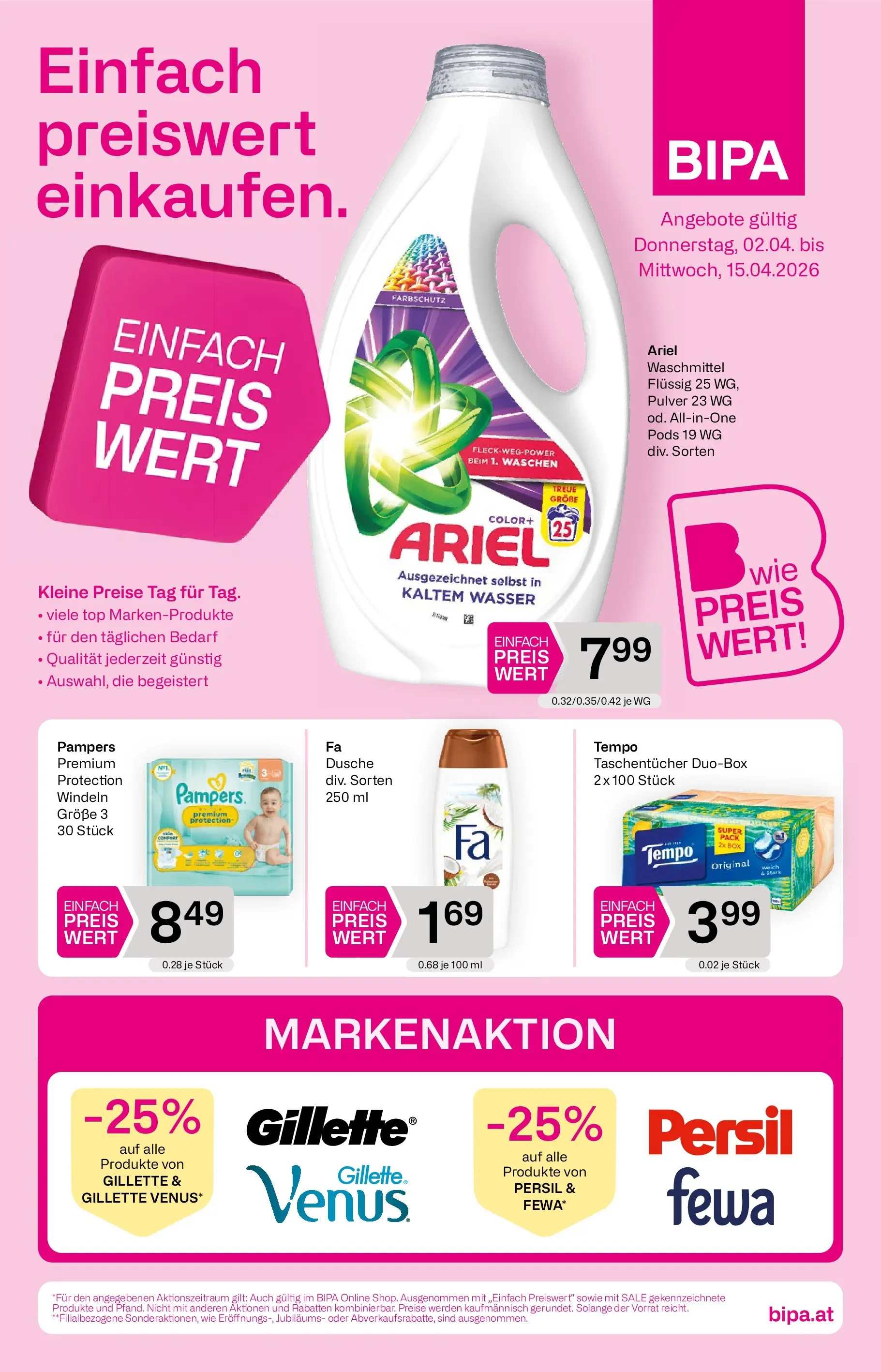 Bipa Linz, Wien, Güssing von 02.04.2026 - Aktuelle Angebote | Seite: 1 | Produkte: Wasser, Dusche, Pampers, Waschmittel