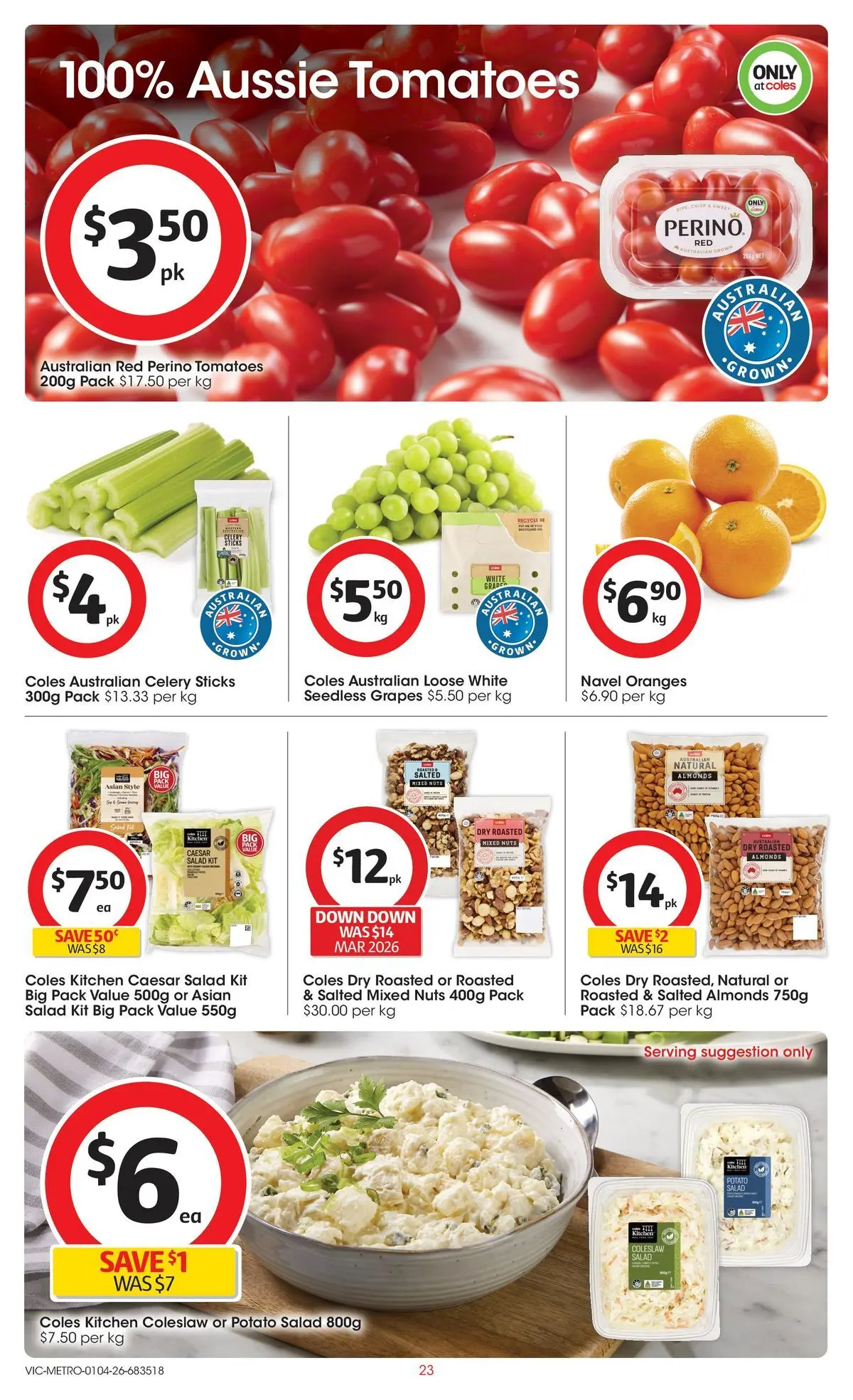 ﻿Coles catalogue valid from 01/04/2026 > Online Australia | Page: 23 | Products: Tomatoes, Nuts, Salad, Grapes