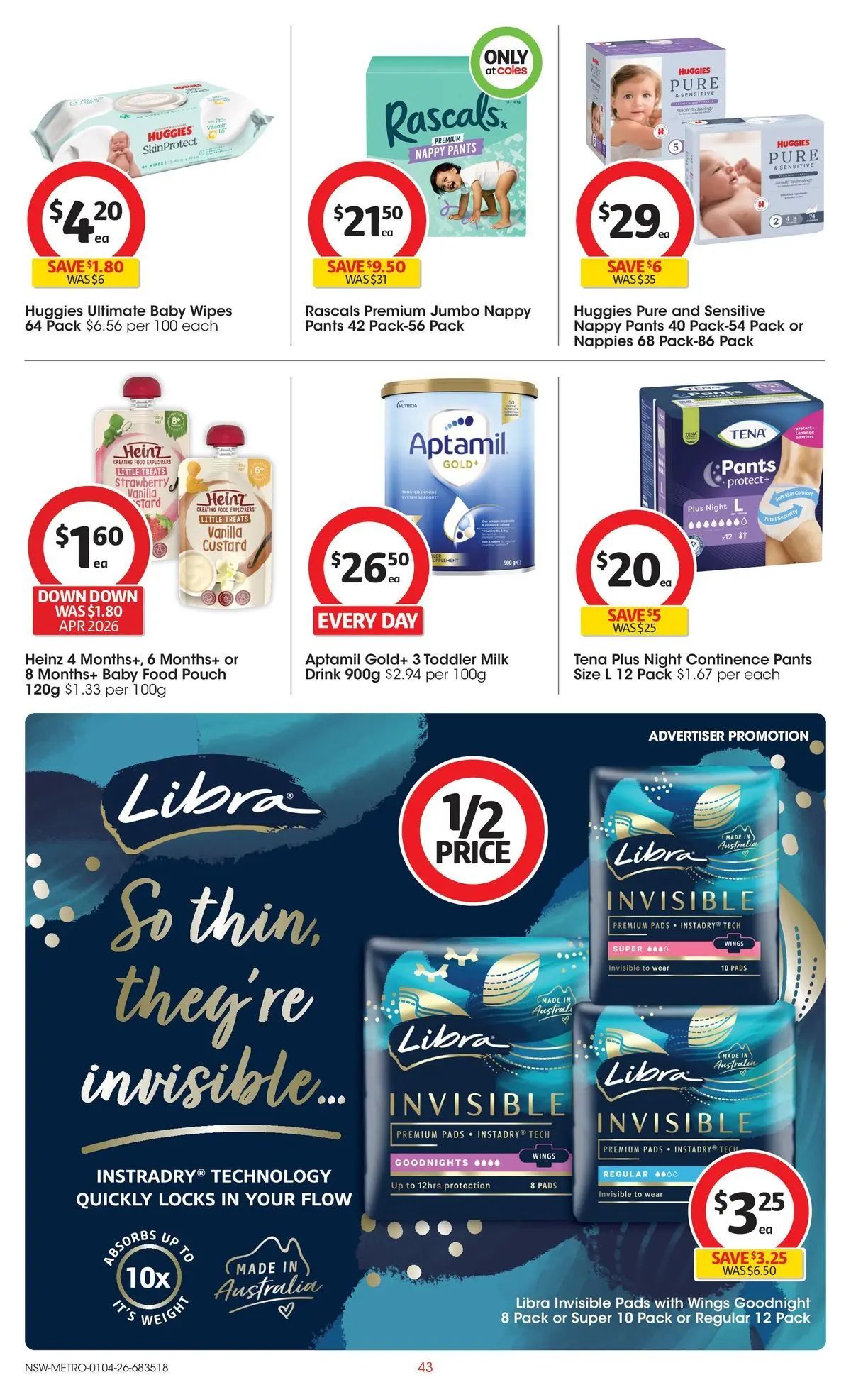 ﻿Coles catalogue valid from 01/04/2026 > Online Australia | Page: 43 | Products: Milk, Baby food, Pants, Weight