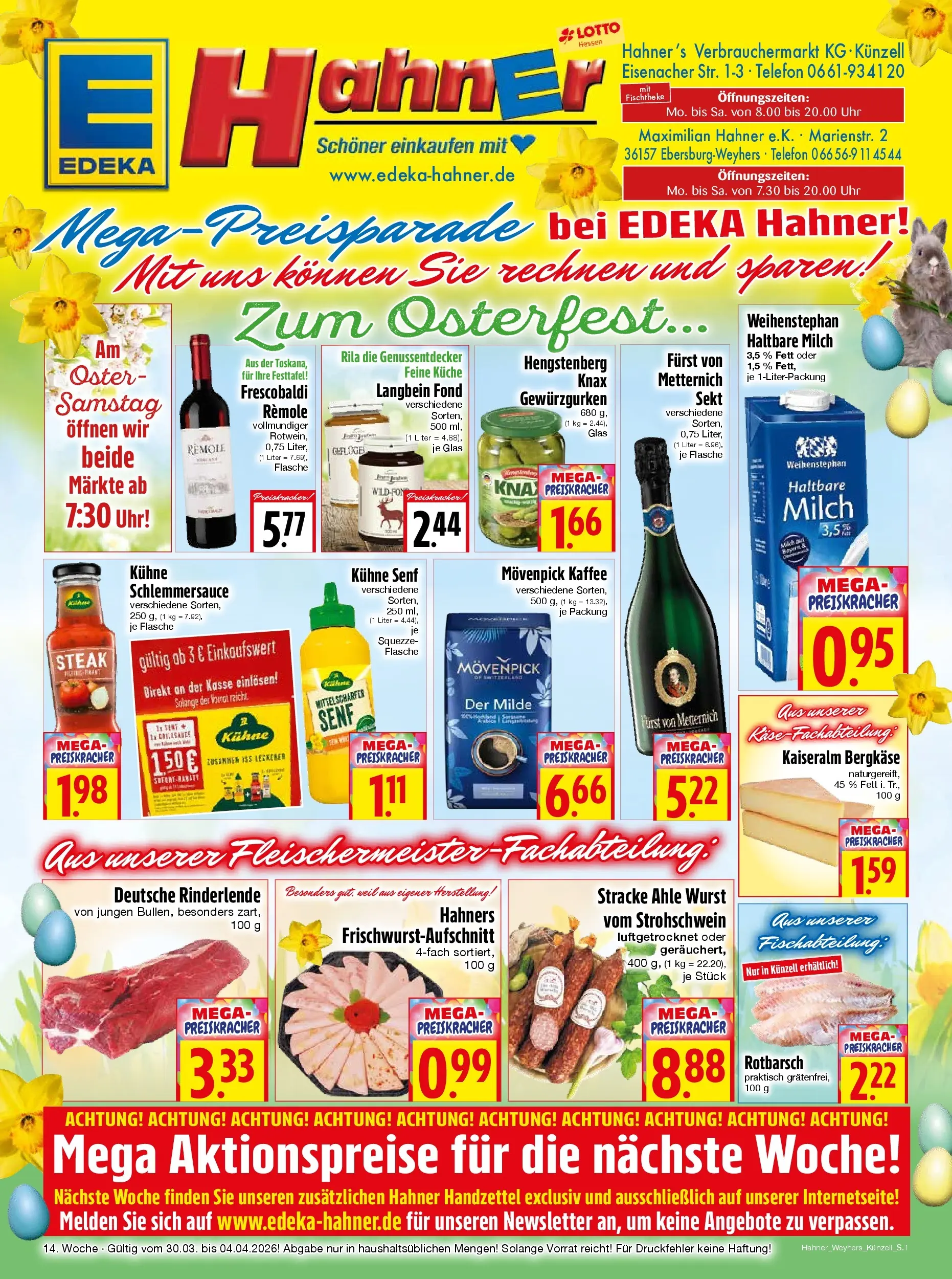Angebote - Edeka Hahner: Wochenangebote (ab 29.03.2026) zum Blättern | Seite: 1 | Produkte: Milch, Haltbare milch, Steak, Telefon