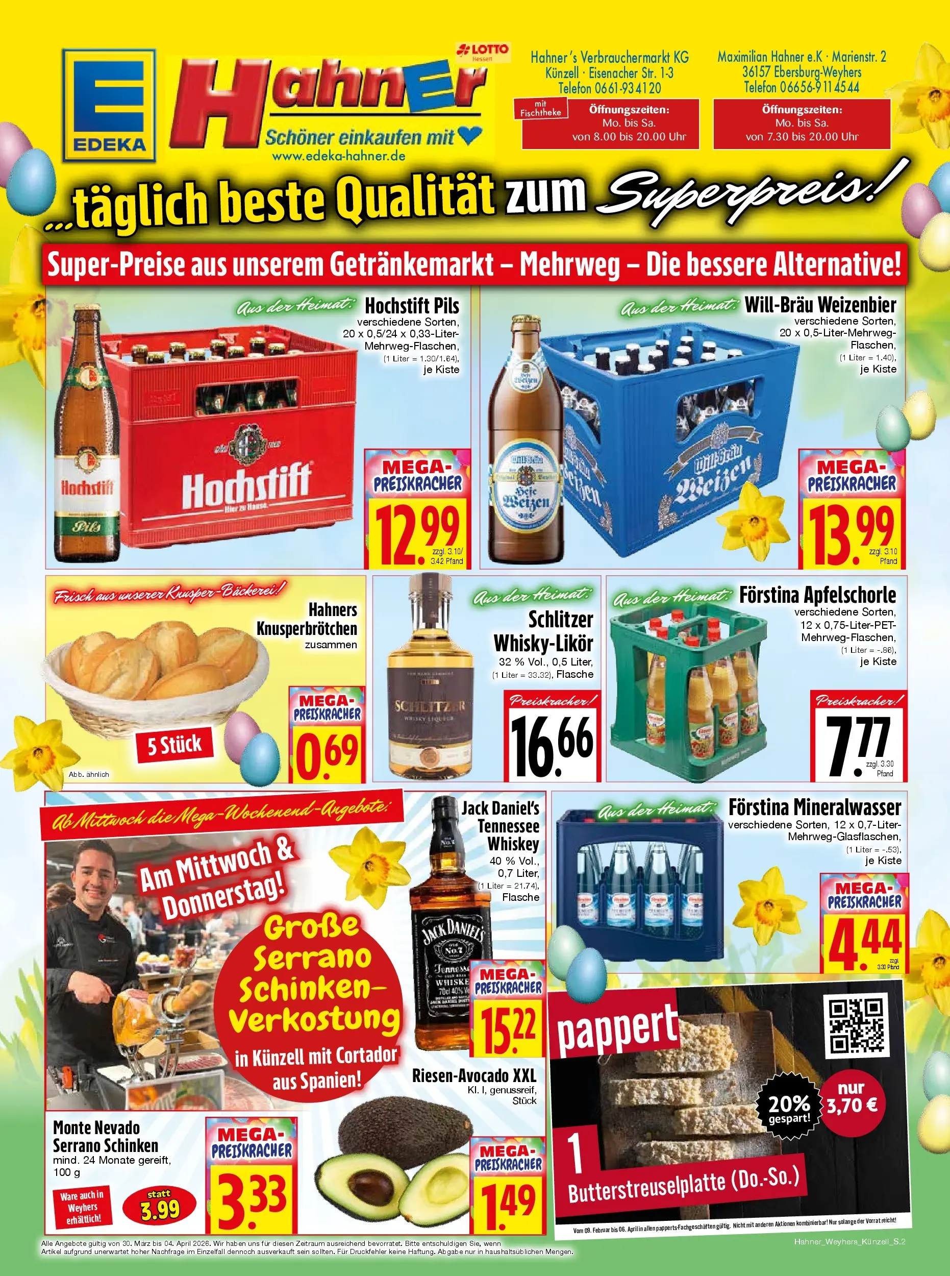 Angebote - Edeka Hahner: Wochenangebote (ab 29.03.2026) zum Blättern | Seite: 2 | Produkte: Pils, Schinken, Whiskey, Uhr