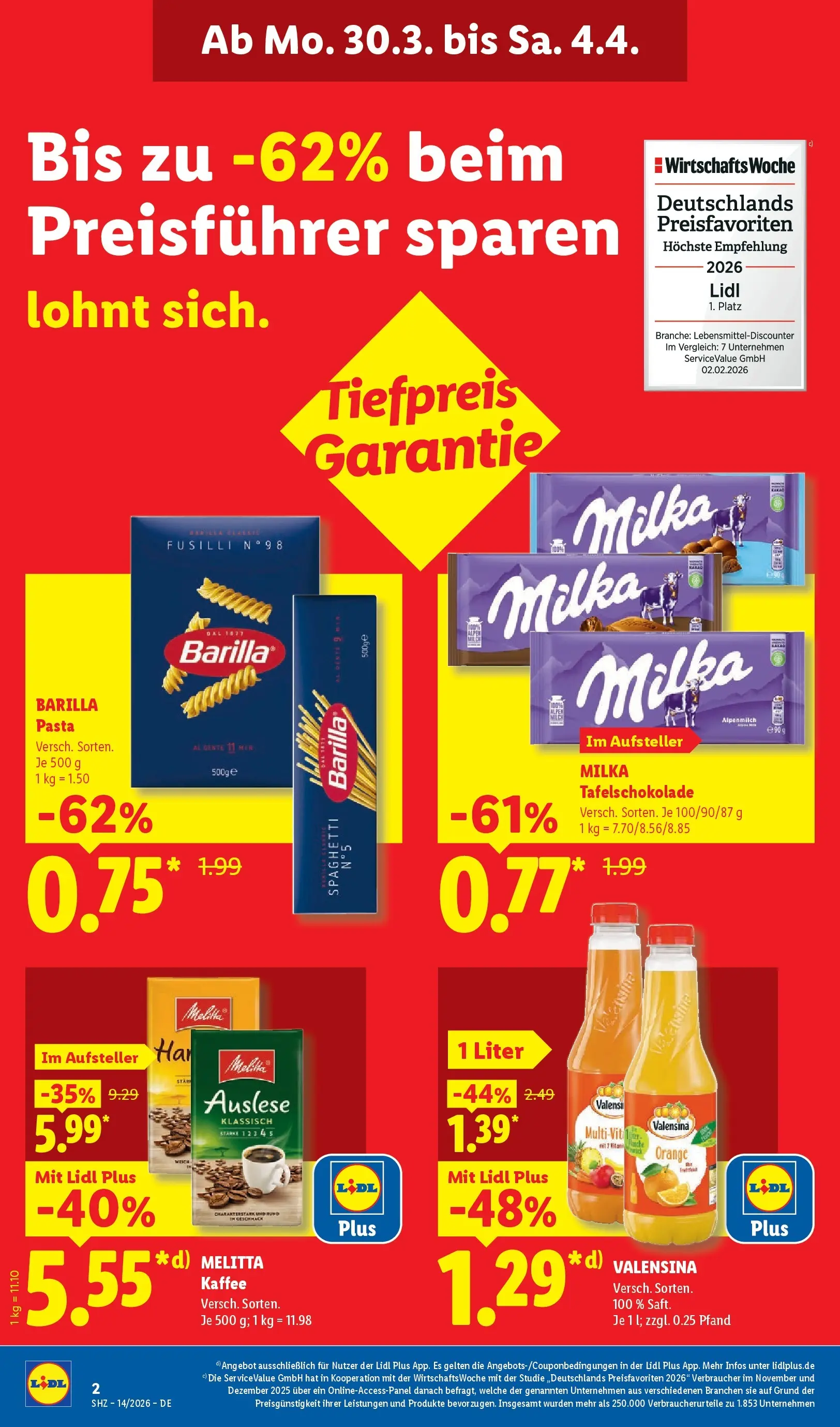 Lidl Prospekt Plettenberg (ab 29.03.2026) zum Blättern » Angebote | Seite: 2 | Produkte: Melitta, Barilla, Kaffee, Valensina