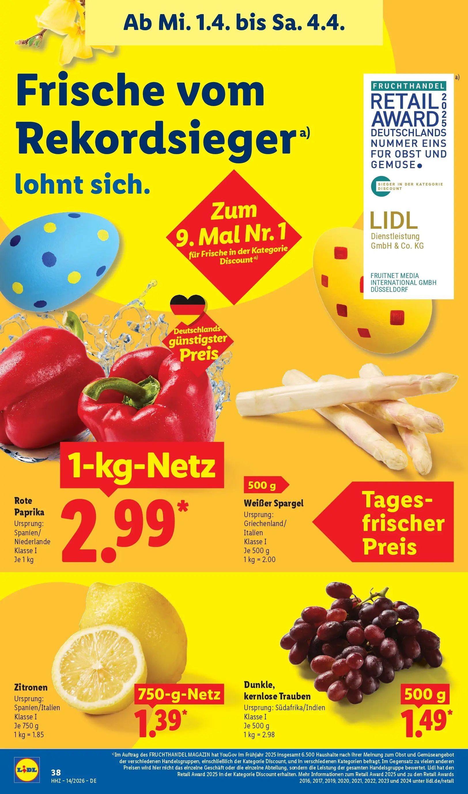 Lidl Prospekt Plettenberg (ab 29.03.2026) zum Blättern » Angebote | Seite: 62 | Produkte: Trauben, Paprika, Obst, Zitronen