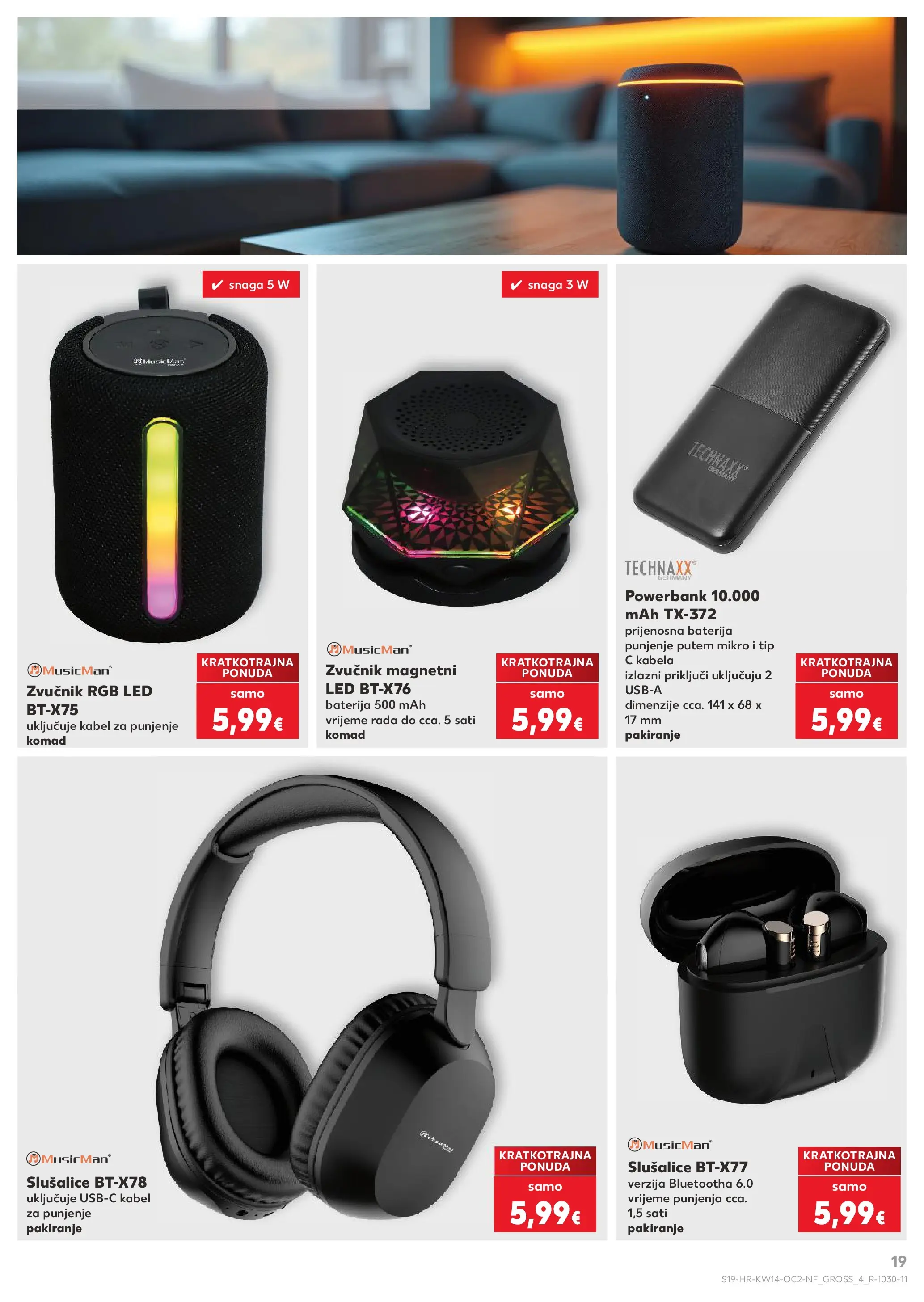 Kaufland - Kaufland katalog do 07.04.2026 novi od 31.03.2026 na listanje > letak digitalni | Stranica: 19 | Proizvodi: Baterija, Slušalice, Kabel, Zvučnik