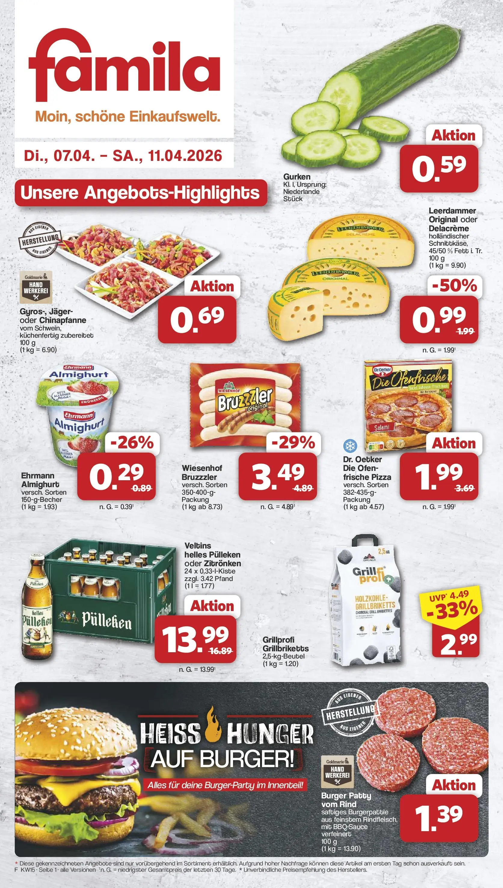 Famila Nordwest Wochenangebote (ab 07.04.2026) zum Blättern | Seite: 1 | Produkte: Burger, Ofenfrische, Salami, Veltins