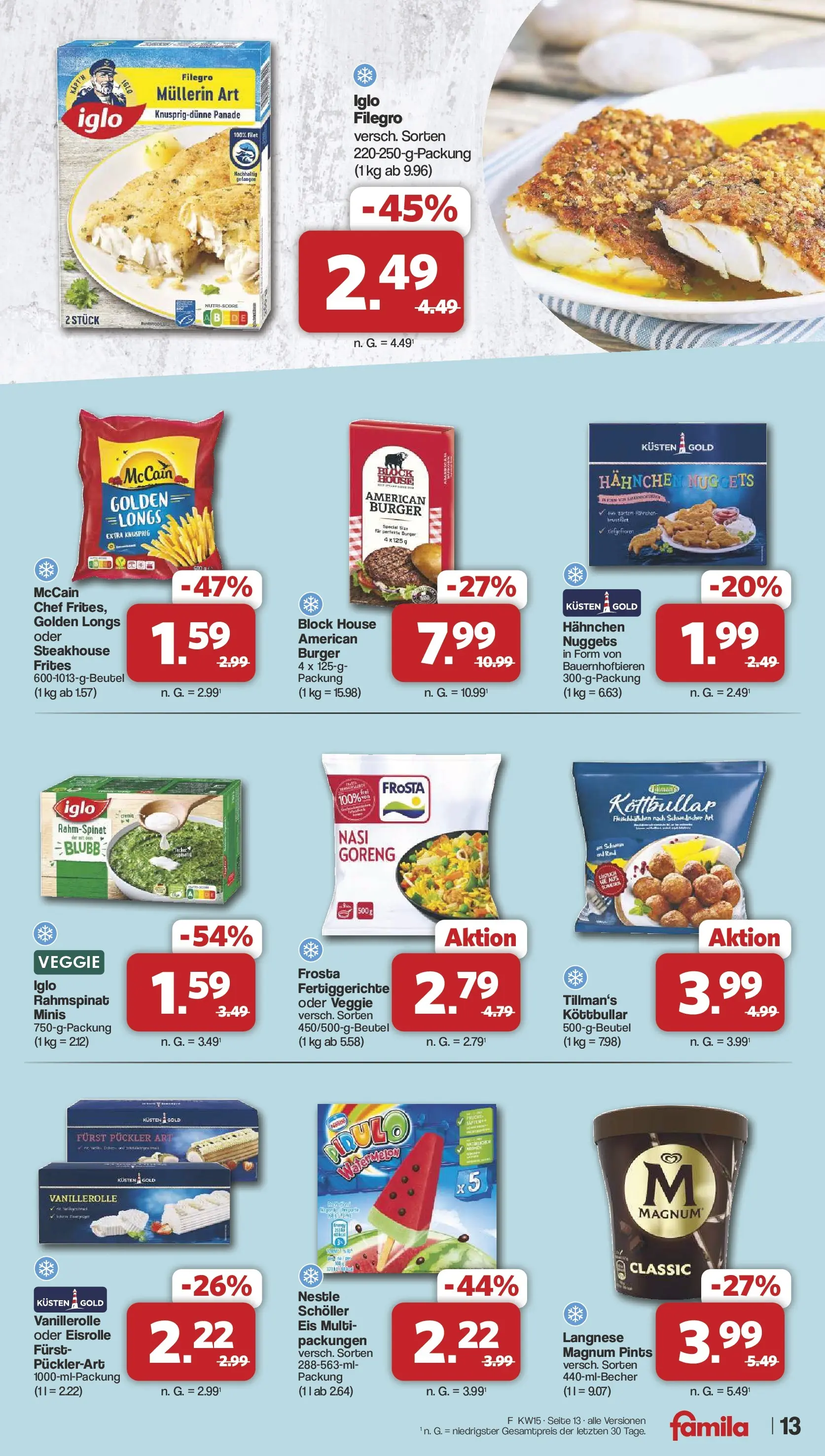 Famila Nordwest Wochenangebote (ab 07.04.2026) zum Blättern | Seite: 13 | Produkte: Hahnchen, Iglo, Burger, McCain