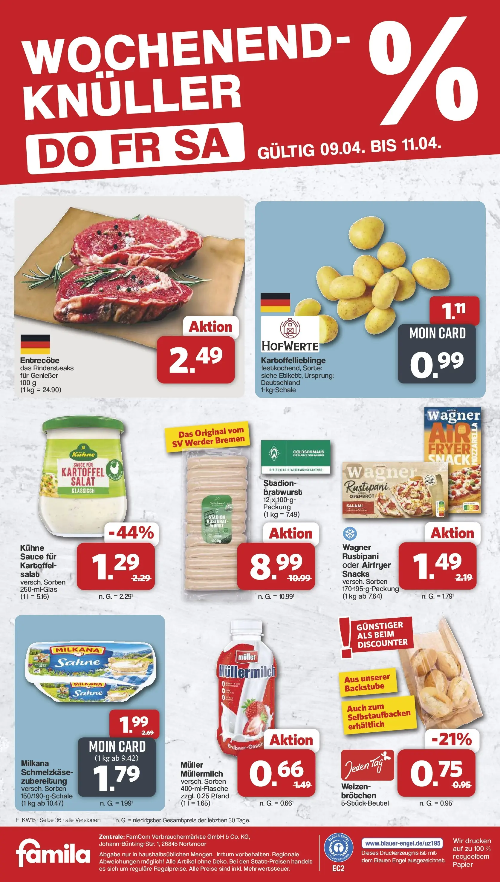 Famila Nordwest Wochenangebote (ab 07.04.2026) zum Blättern | Seite: 39 | Produkte: Bratwurst, Entrecote, Wurst, Sahne