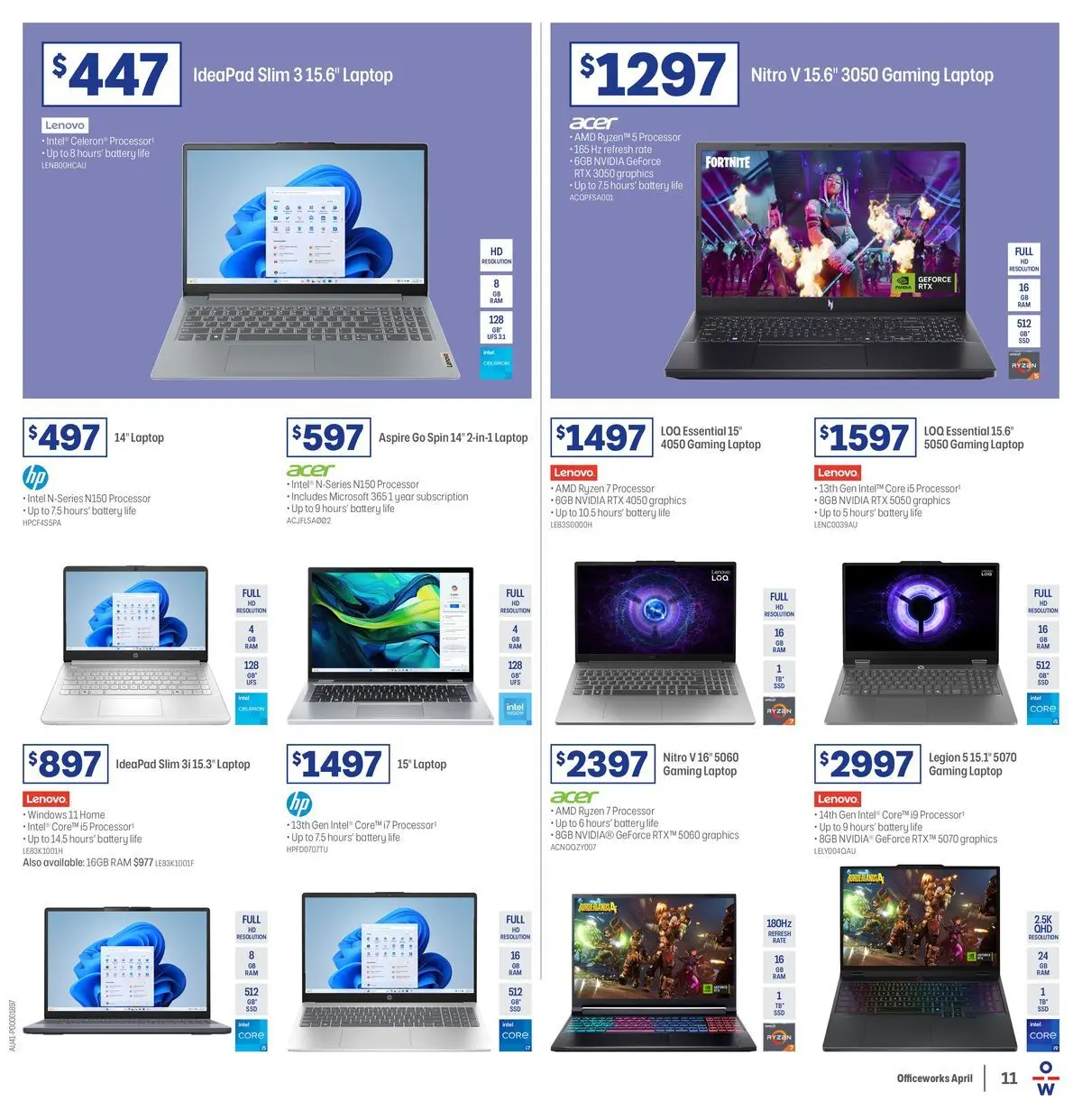 Officeworks - April Trade - 30/03/2026 > weekly / monthly specials | Page: 11 | Products: Battery, Laptop