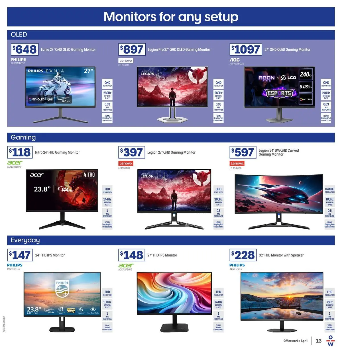 Officeworks - April Trade - 30/03/2026 > weekly / monthly specials | Page: 13 | Products: Monitor, Speaker