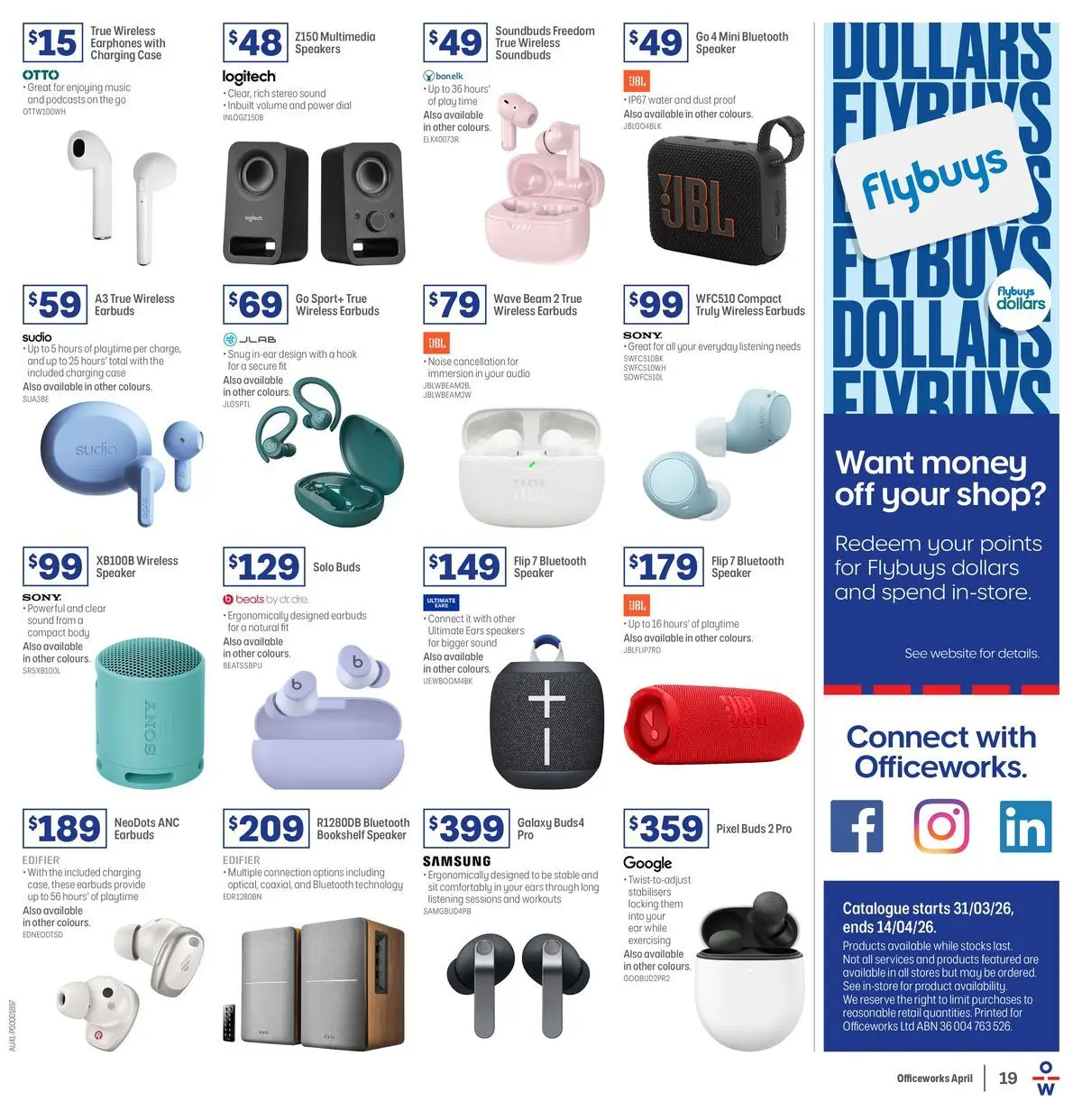 Officeworks - April Trade - 30/03/2026 > weekly / monthly specials | Page: 19 | Products: Bookshelf, Bluetooth speaker, Earphones, Case