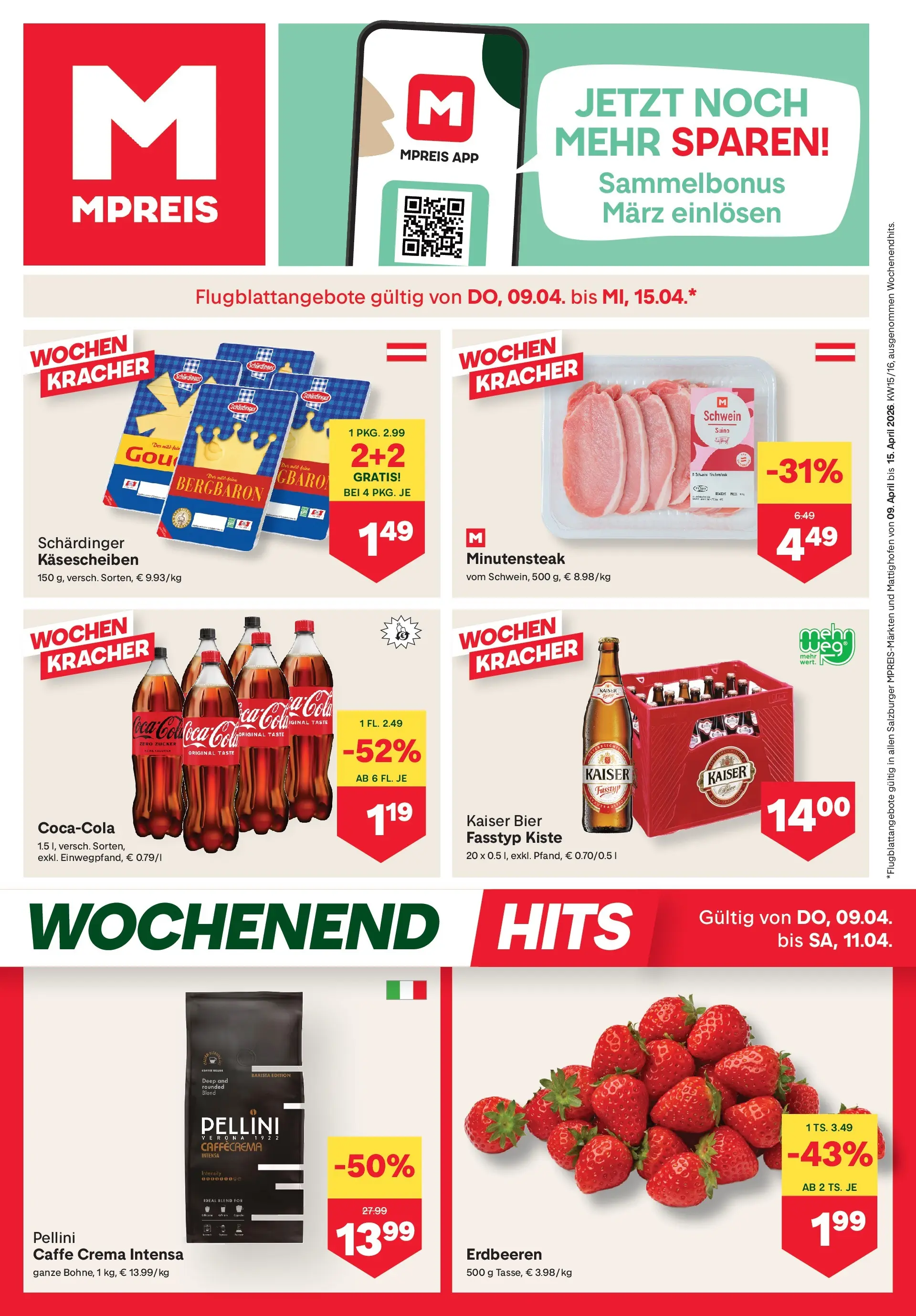 MPREIS Saalbach von 08.04.2026 - Aktuelle Angebote | Seite: 1 | Produkte: Erdbeeren, Zucker, Bier