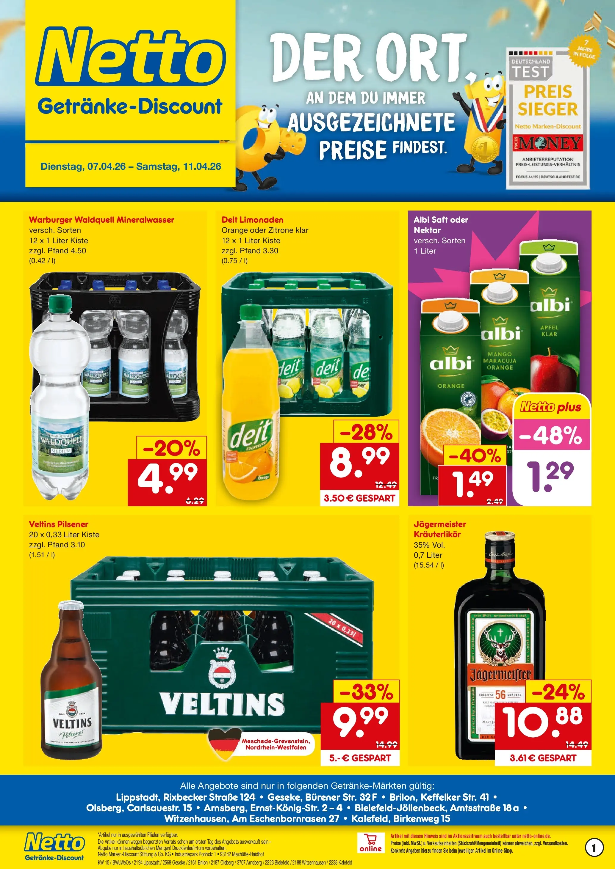 Netto Marken-Discount Prospekt Lippstadt	 (ab 07.04.2026) » Angebote | Seite: 1 | Produkte: Äpfel, Jägermeister, Mango, Veltins