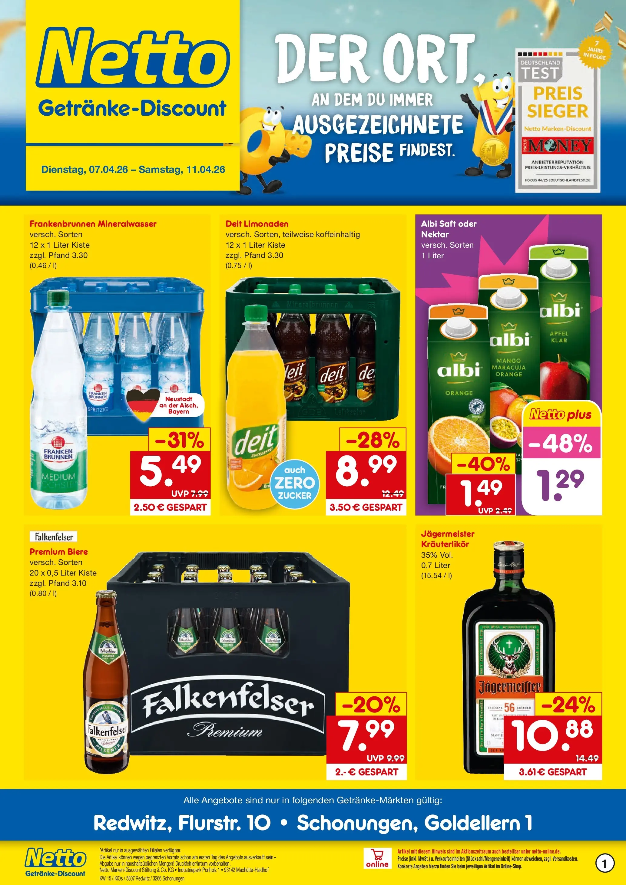 Netto Marken-Discount Prospekt Schonungen	 (ab 07.04.2026) » Angebote | Seite: 1 | Produkte: Äpfel, Mineralwasser, Zucker, Mango
