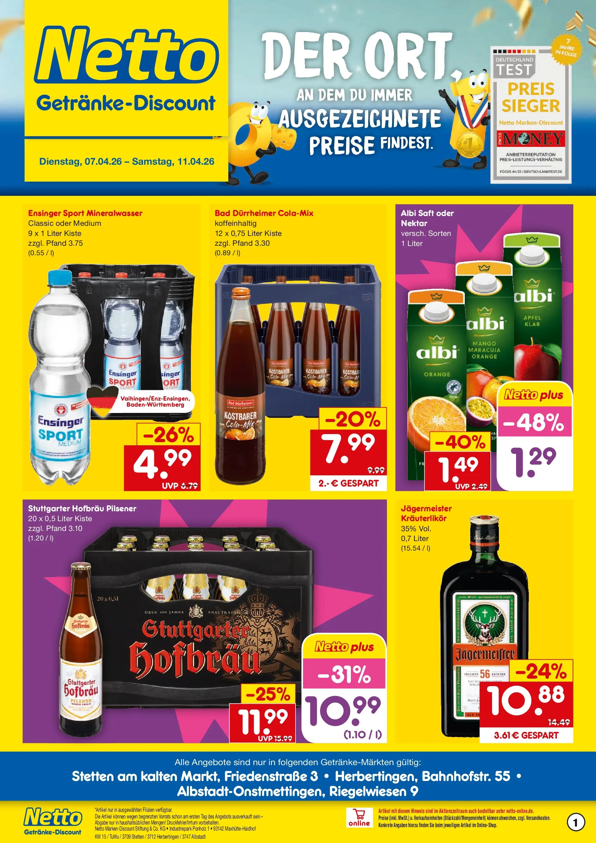Netto Marken-Discount Prospekt Herbertingen	 (ab 07.04.2026) » Angebote | Seite: 1 | Produkte: Mineralwasser, Jägermeister, Mango, Saft