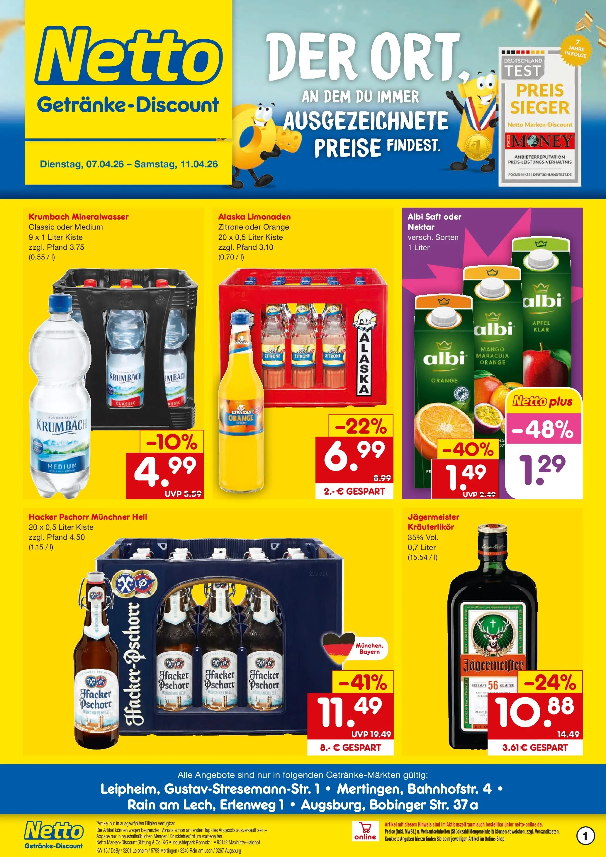 Netto Marken-Discount Prospekt Leipheim	 (ab 07.04.2026) » Angebote | Seite: 1 | Produkte: Mineralwasser, Jägermeister, Mango, Saft
