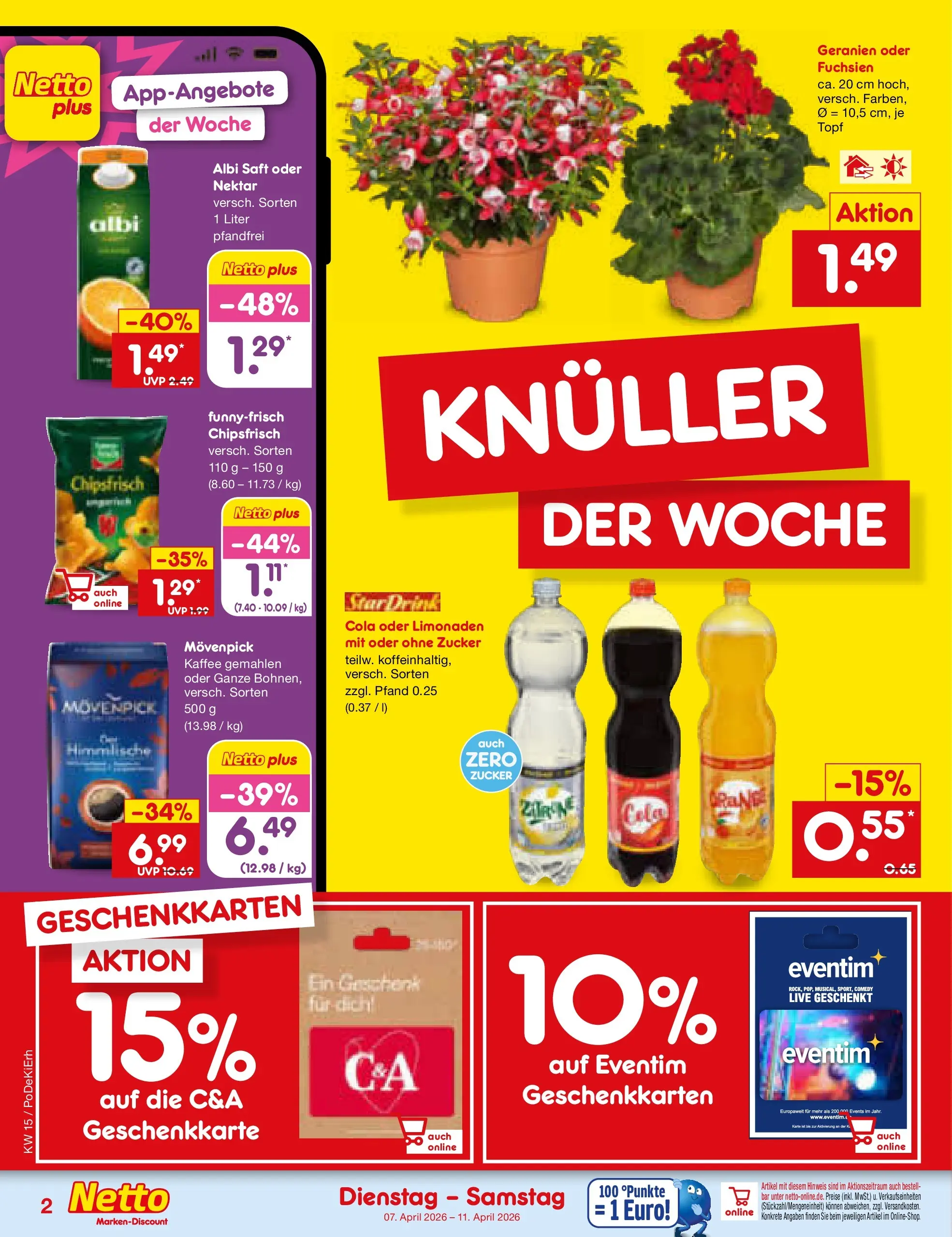 Netto Marken-Discount Prospekt Bad Friedrichshall	 (ab 07.04.2026) » Angebote | Seite: 2 | Produkte: Cola, Geranien, Zucker, Saft