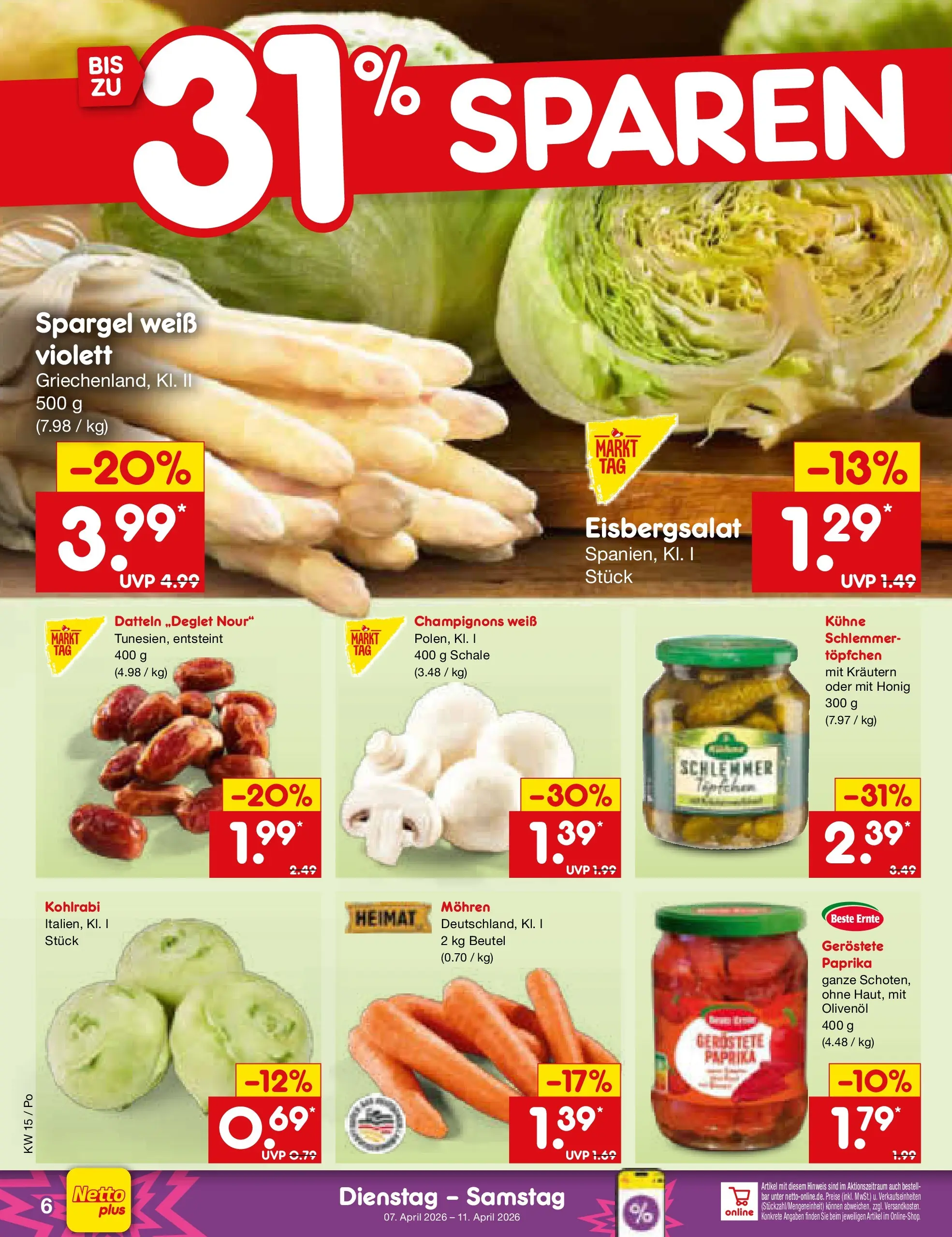 Netto Marken-Discount Prospekt Regensburg	 (ab 07.04.2026) » Angebote | Seite: 8 | Produkte: Olivenol, Kohlrabi, Eisbergsalat, Mohren