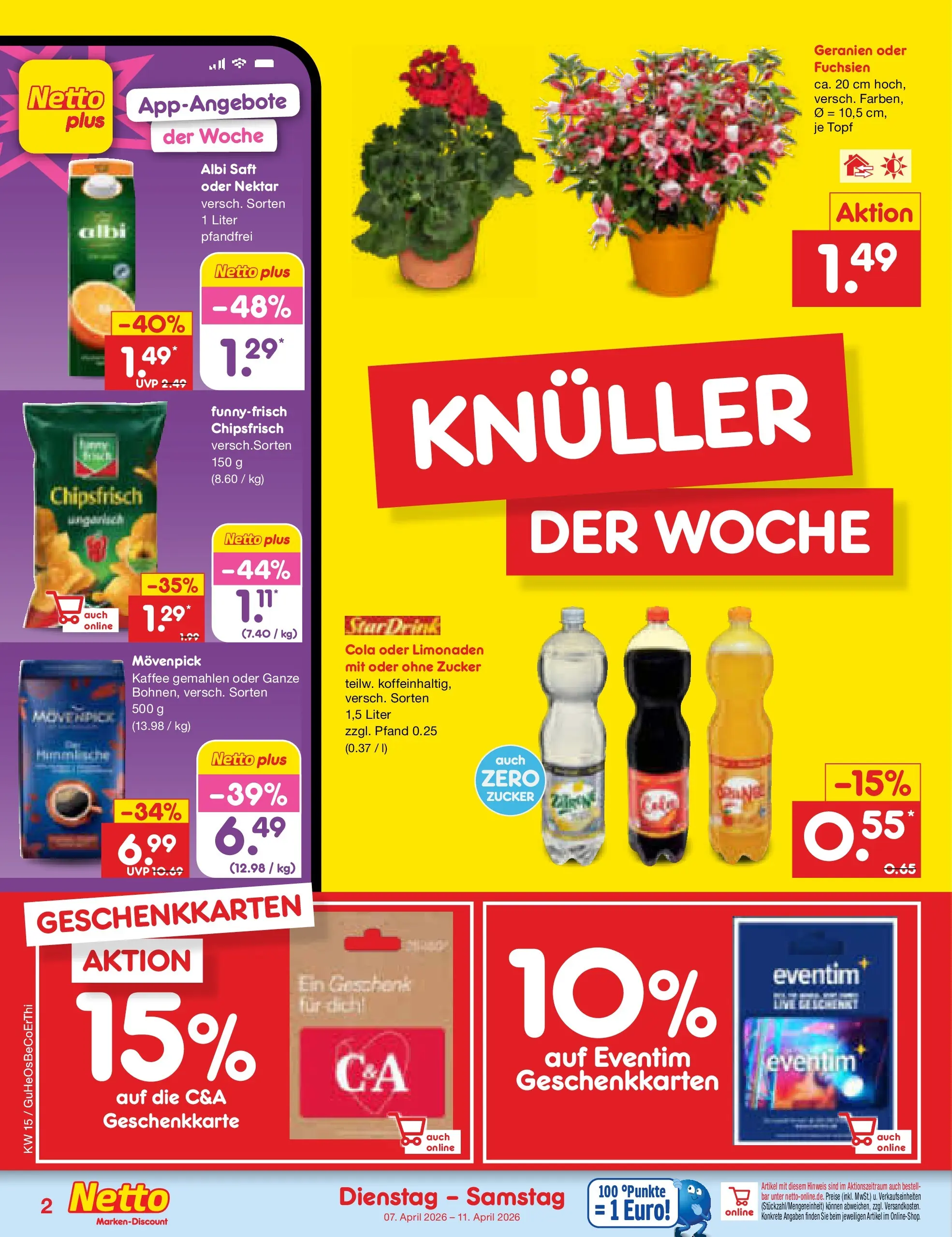 Netto Marken-Discount Prospekt Kröpelin	 (ab 07.04.2026) » Angebote | Seite: 2 | Produkte: Cola, Kaffee, Geranien, Saft