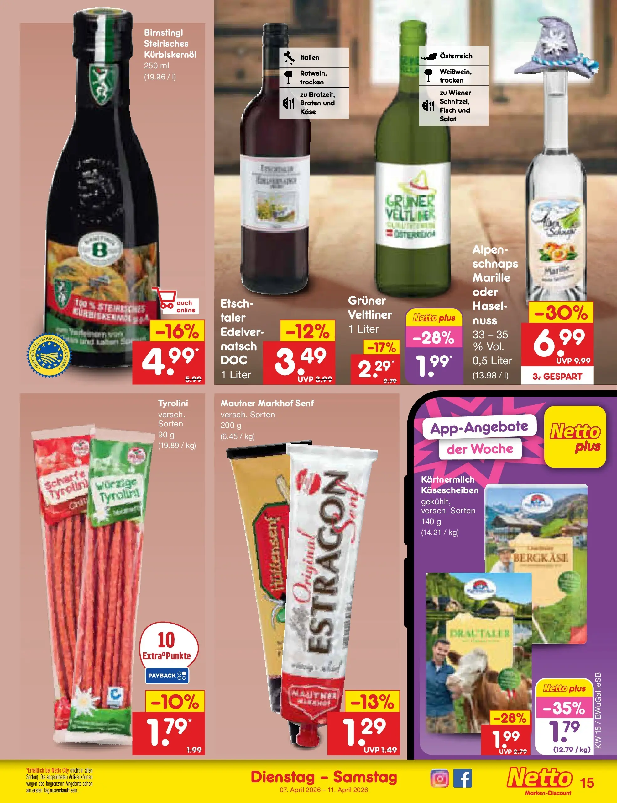 Netto Marken-Discount Prospekt Hamburg	 (ab 07.04.2026) » Angebote | Seite: 17 | Produkte: Kürbiskernöl, Käse, Schnaps, Salat