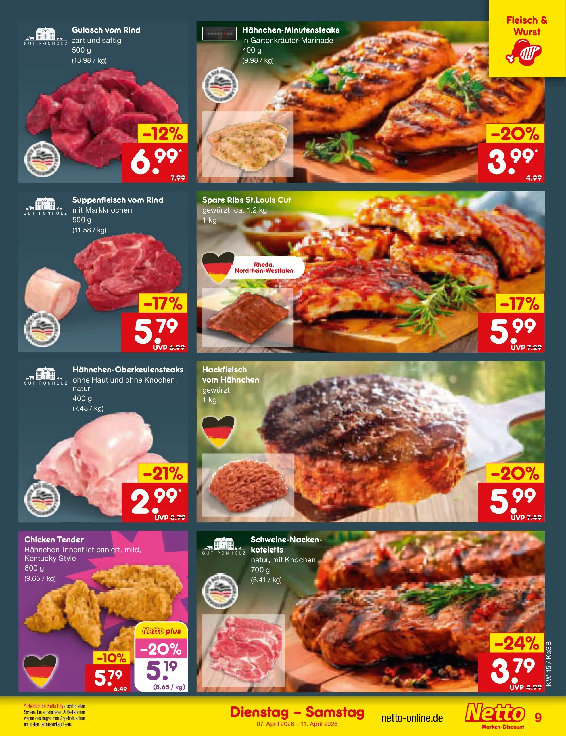 Netto Marken-Discount Prospekt Bonn	 (ab 07.04.2026) » Angebote | Seite: 11 | Produkte: Spare ribs, Gulasch, Fleisch, Hackfleisch