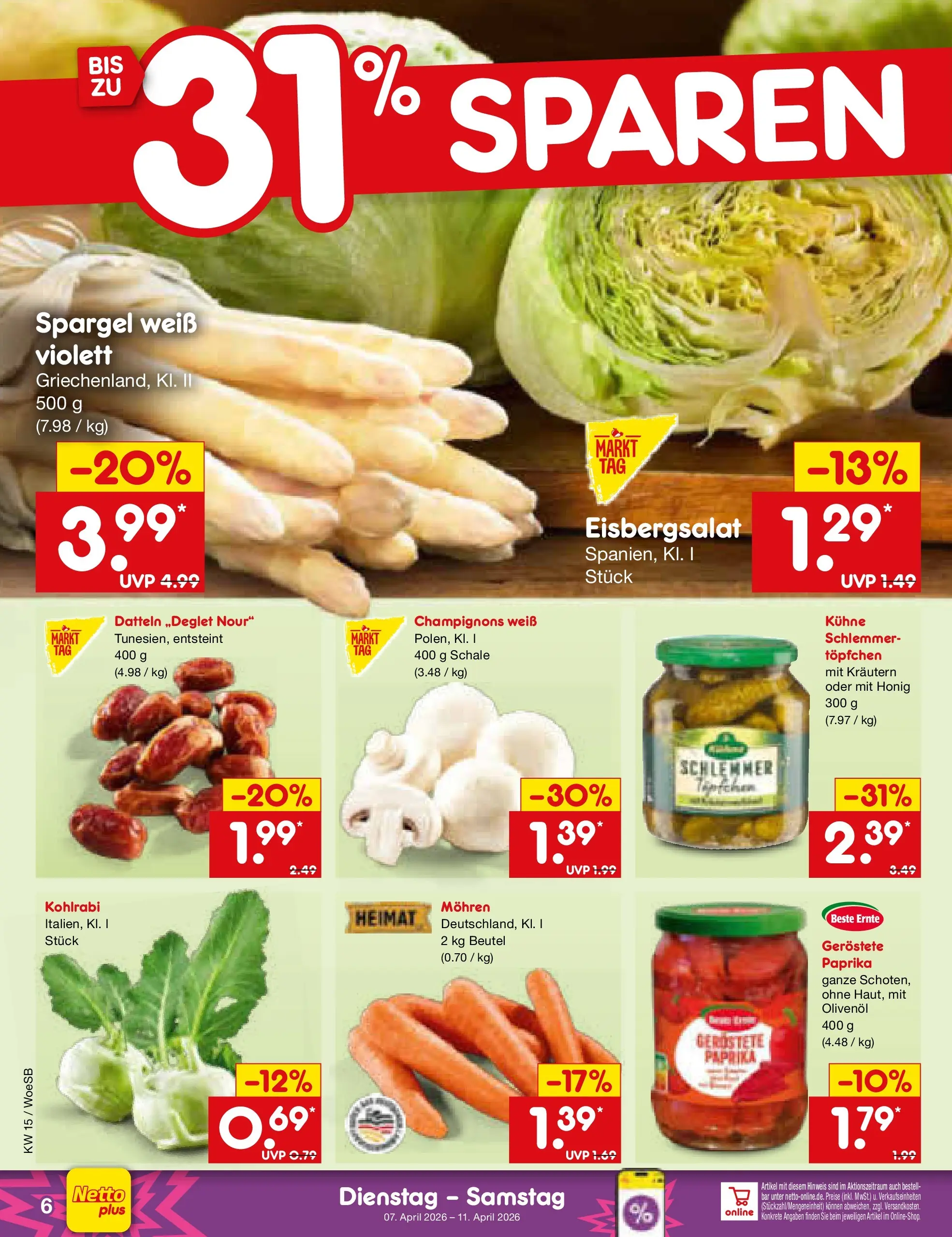 Netto Marken-Discount Prospekt Gemmingen	 (ab 07.04.2026) » Angebote | Seite: 8 | Produkte: Eisbergsalat, Spargel, Mohren, Champignons