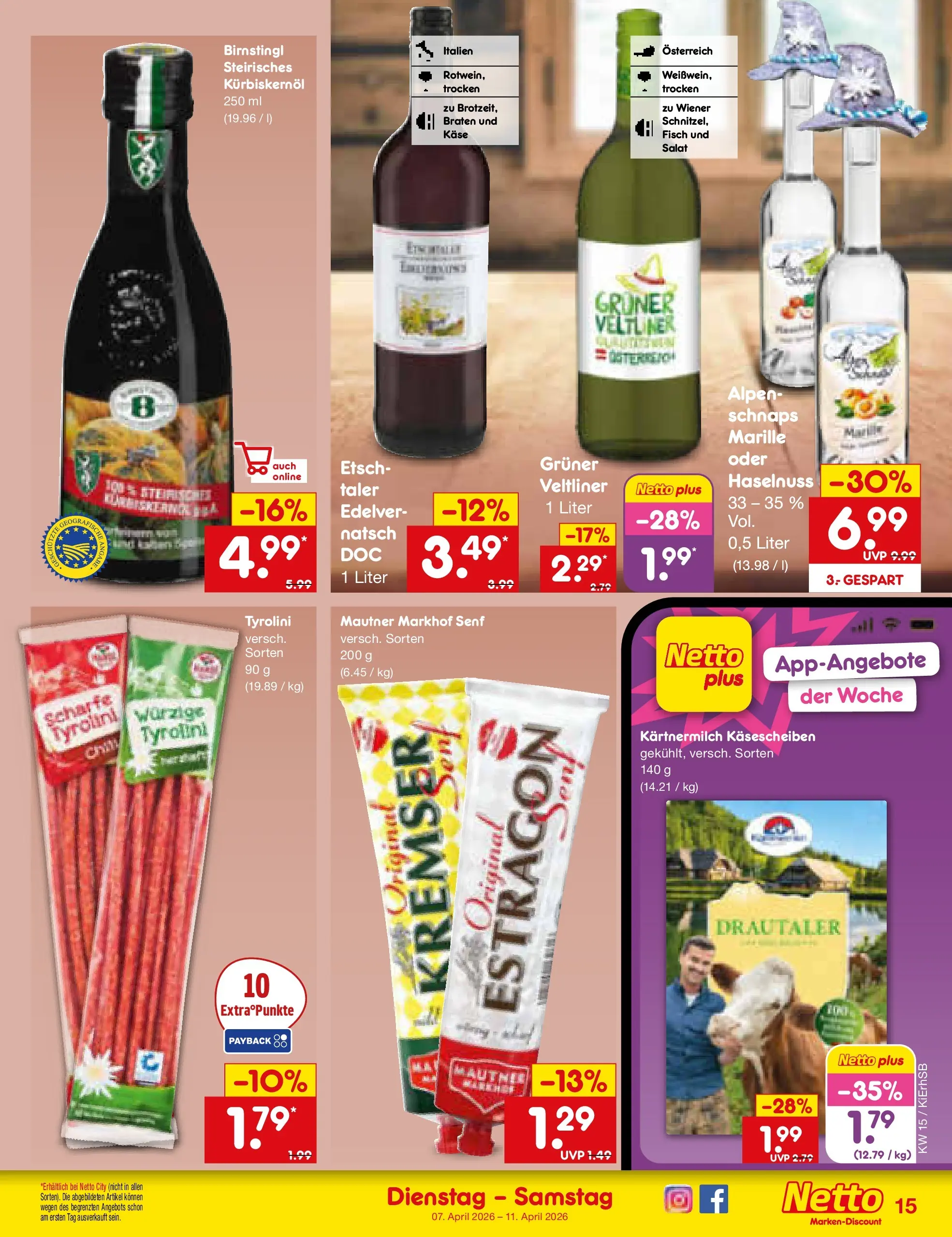 Netto Marken-Discount Prospekt Bad Friedrichshall	 (ab 07.04.2026) » Angebote | Seite: 17 | Produkte: Kürbiskernöl, Käse, Schnaps, Salat