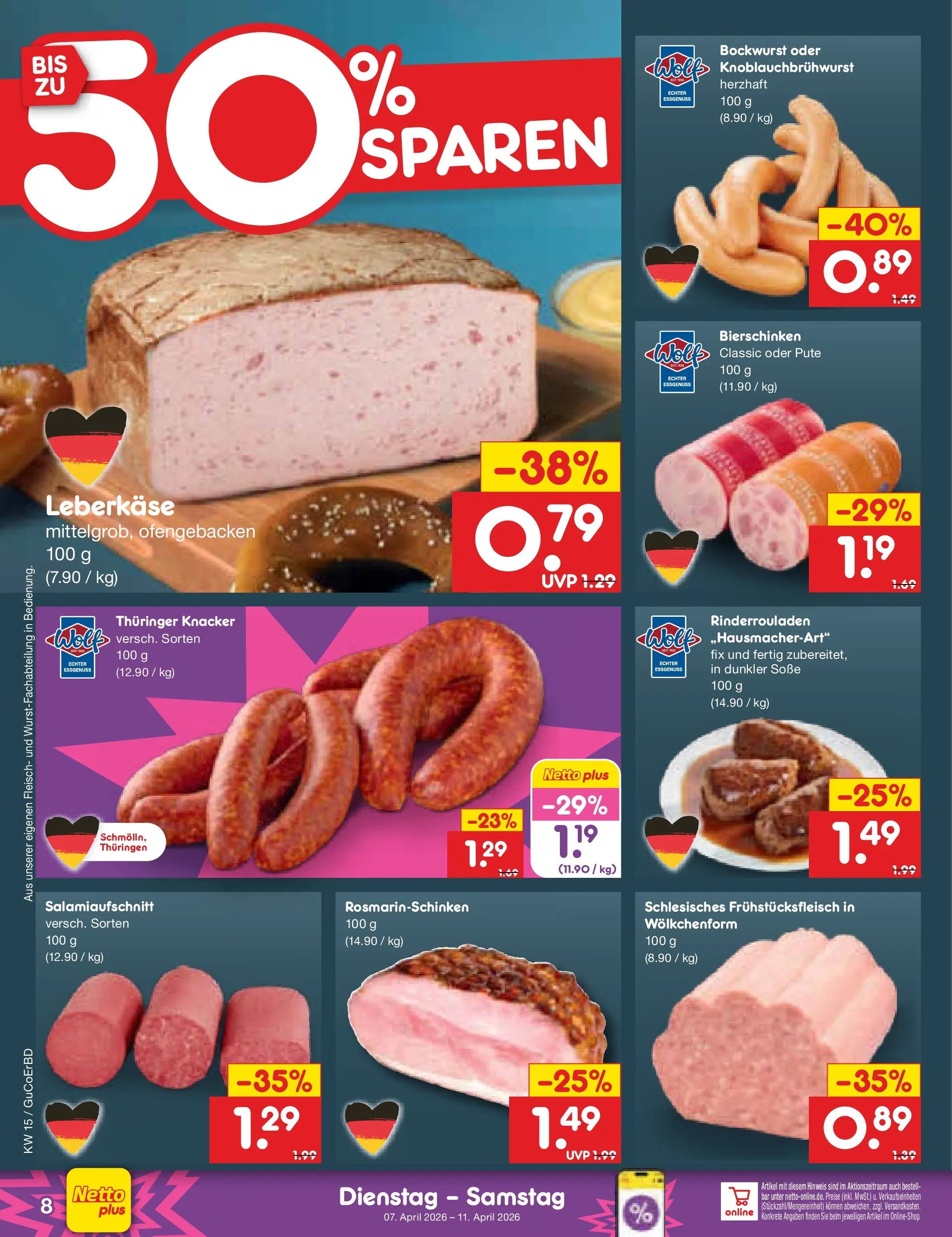 Netto Marken-Discount Prospekt Jena-Lobeda	 (ab 07.04.2026) » Angebote | Seite: 10 | Produkte: Bockwurst, Soße, Fleisch, Leberkase