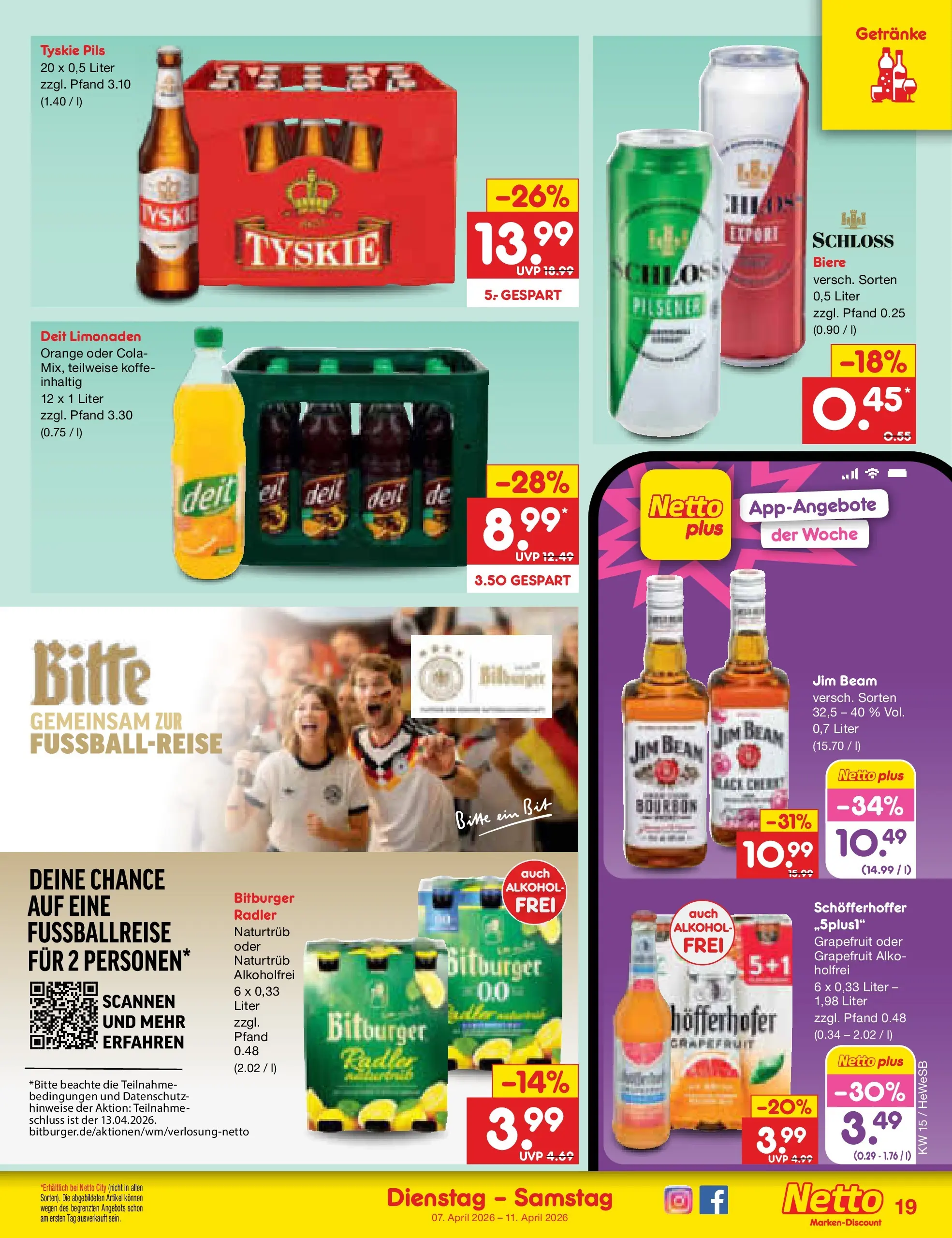 Netto Marken-Discount Prospekt Hamburg	 (ab 07.04.2026) » Angebote | Seite: 21 | Produkte: Bitburger, Jim beam, Tyskie, Cola