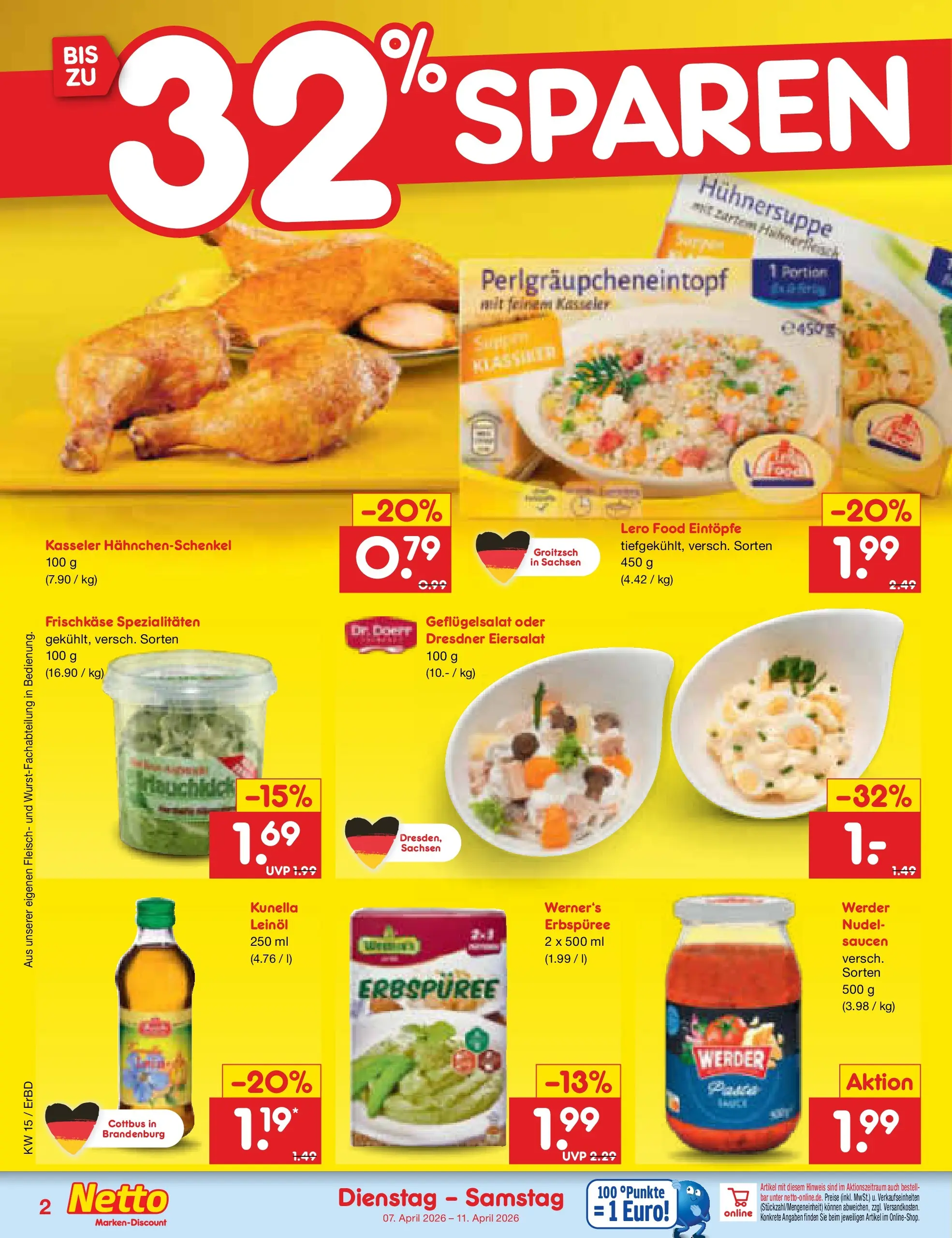 Netto Marken-Discount Prospekt Jena-Lobeda	 (ab 07.04.2026) » Angebote | Seite: 28 | Produkte: Hahnchenschenkel, Leinöl, Fleisch, Frischkase