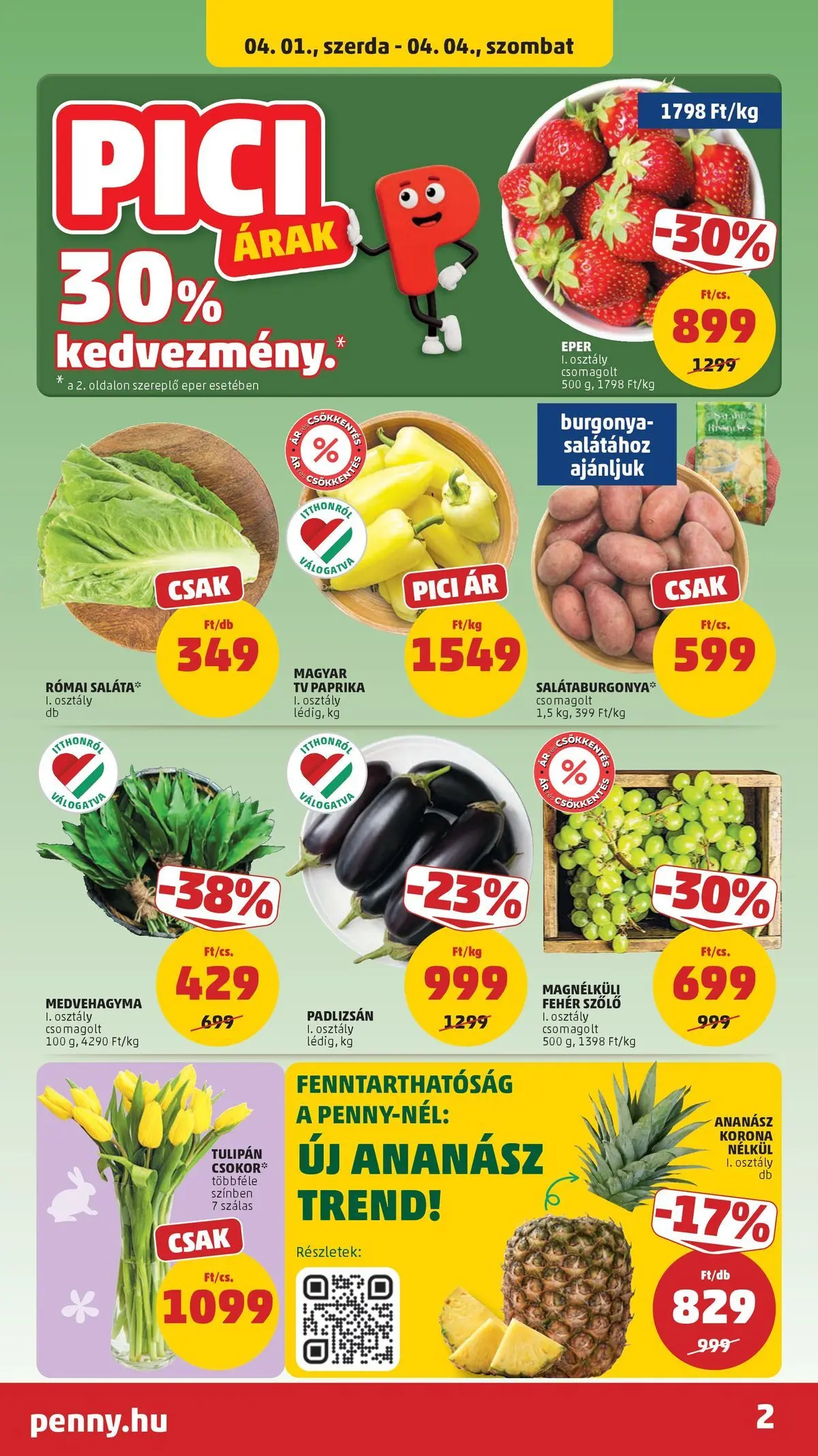 PENNY - Penny újság érvényessége 2026.04.08-ig: 2026.03.31.-tól lapozható | Oldal: 2 | Termékek: Padlizsán, Burgonya, TV, Tulipán