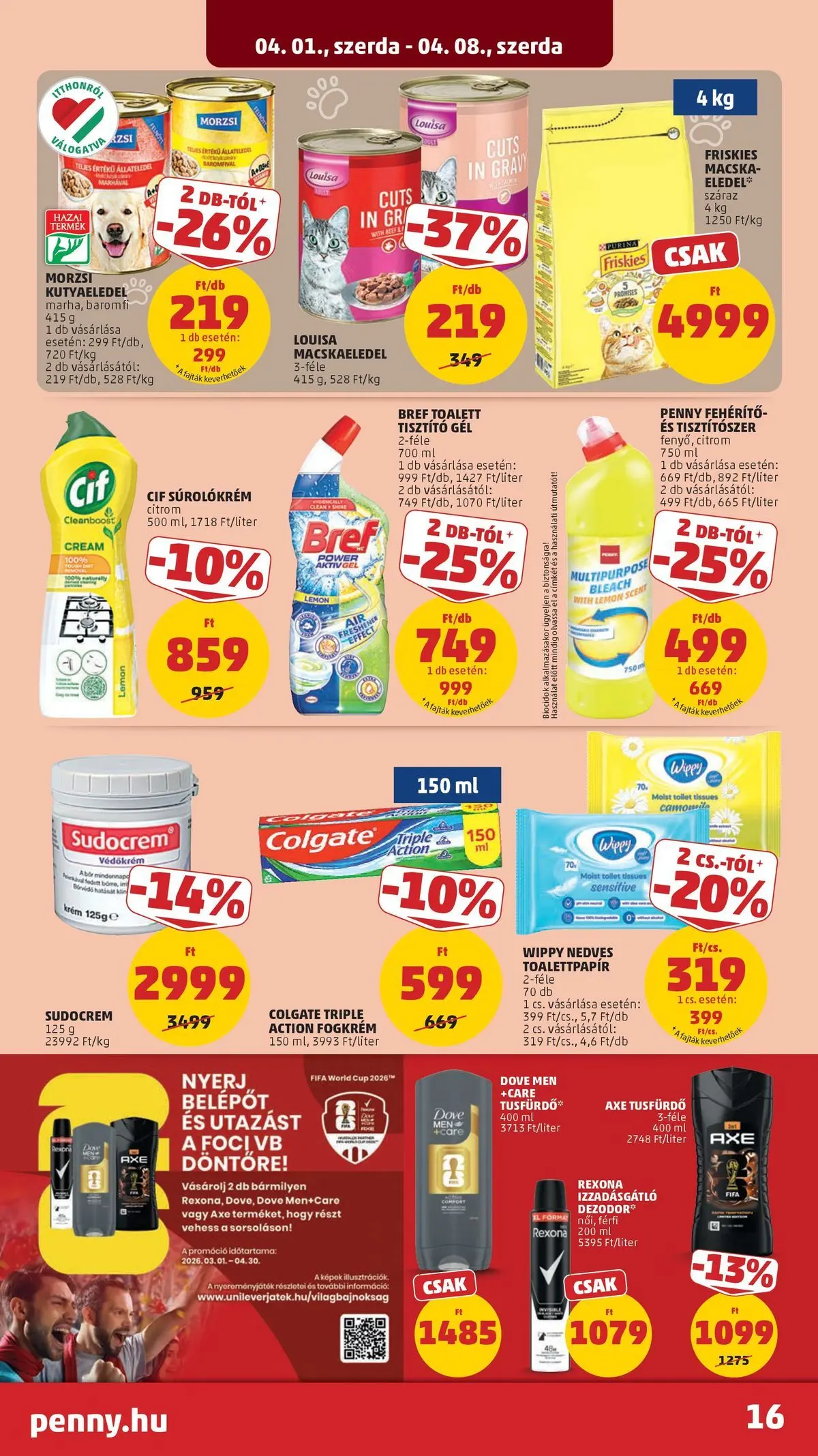 PENNY - Penny újság érvényessége 2026.04.08-ig: 2026.03.31.-tól lapozható | Oldal: 16 | Termékek: Macskaeledel, Kutyaeledel, Tusfürdő, Fogkrém