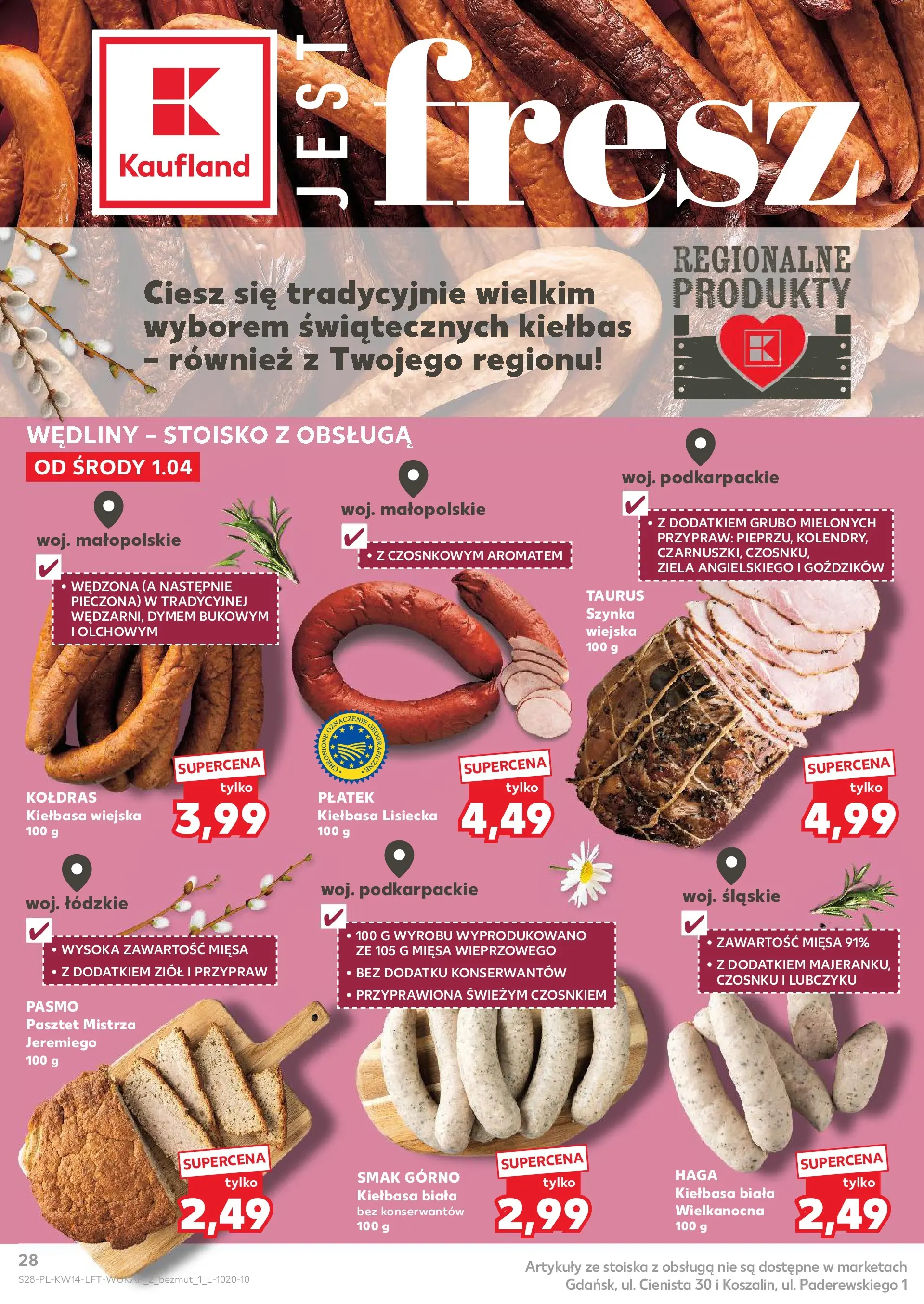 Kaufland gazetka od 01.04.2026 - od jutra PDF | Strona: 28 | Produkty: Kiełbasa, Kiełbasa lisiecka, Szynka, Wędliny