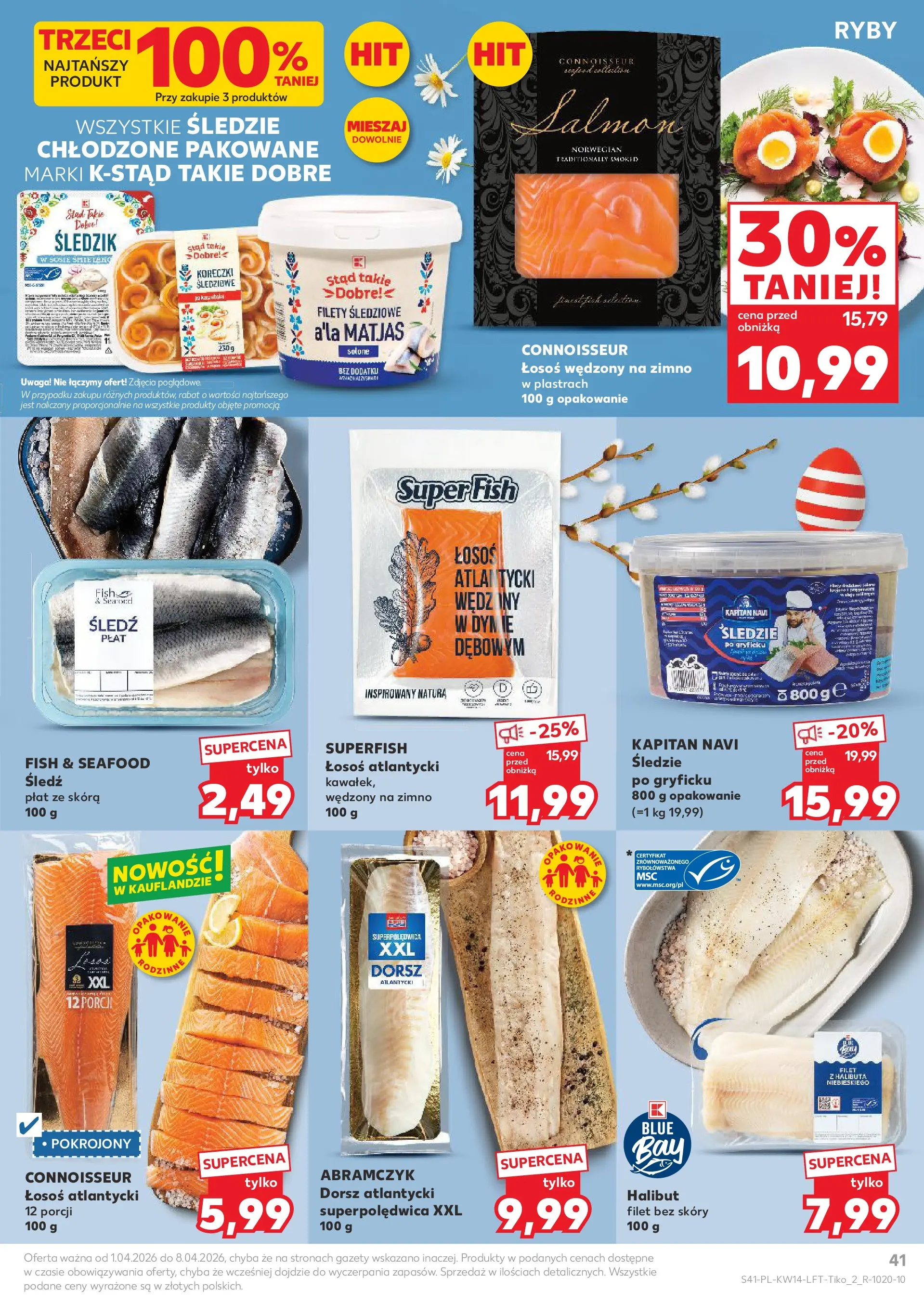 Kaufland gazetka od 01.04.2026 - od jutra PDF | Strona: 41 | Produkty: Śledź, Łosoś wędzony, Łosoś atlantycki, Dorsz atlantycki