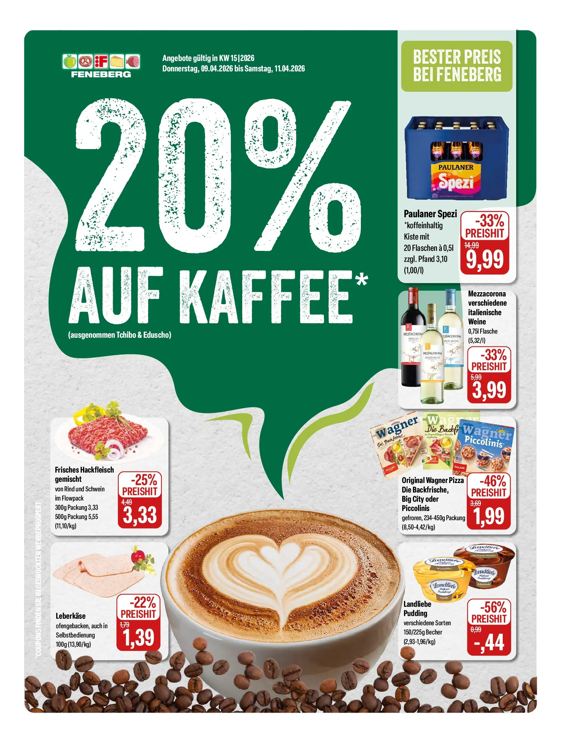 Feneberg Aktuelle Angebote (ab 08.04.2026) zum Blättern | Seite: 1 | Produkte: Wagner pizza, Salami, Pizza, Leberkase
