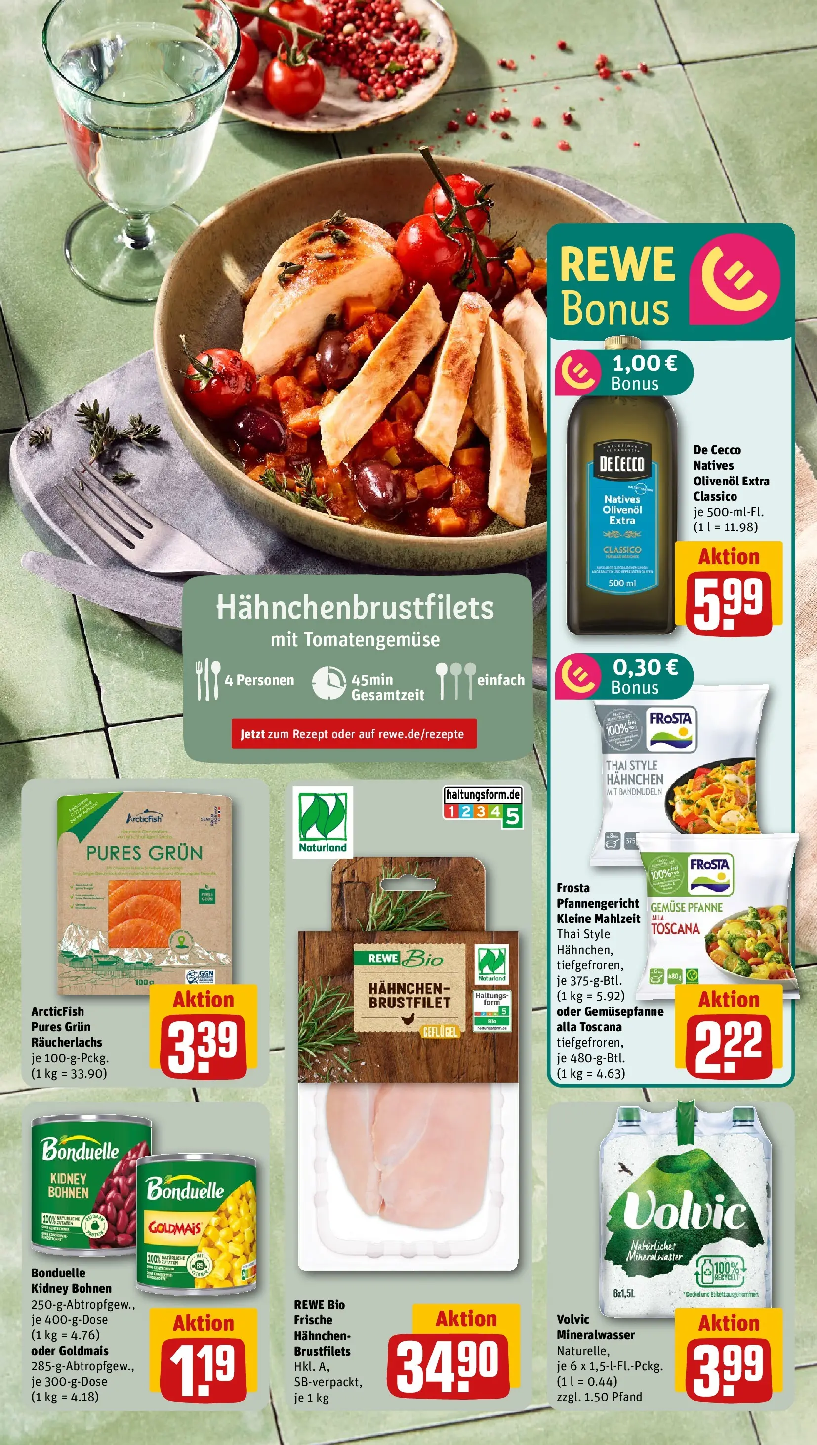 REWE Prospekt ab 05.04.2026 zum Blättern » Angebote | Seite: 5 | Produkte: Hahnchen, Olivenol, Räucherlachs, Volvic