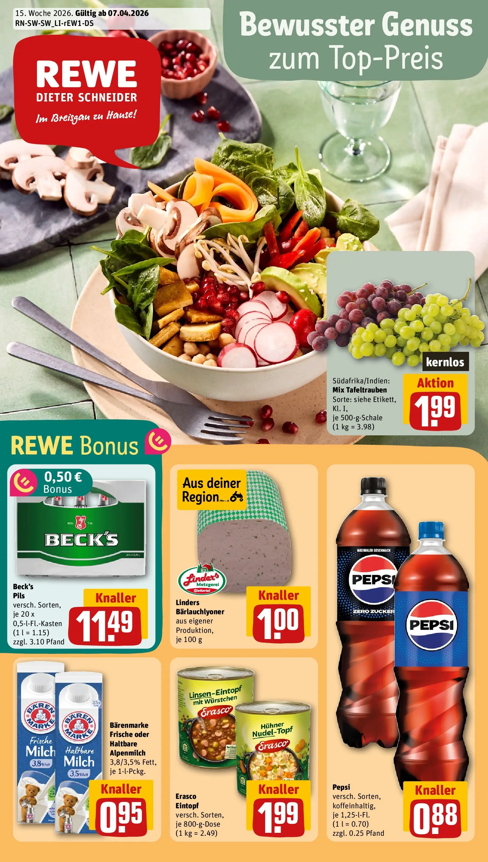 REWE Prospekt ab 05.04.2026 zum Blättern » Angebote | Seite: 1 | Produkte: Milch, Pils, Zucker, Erasco
