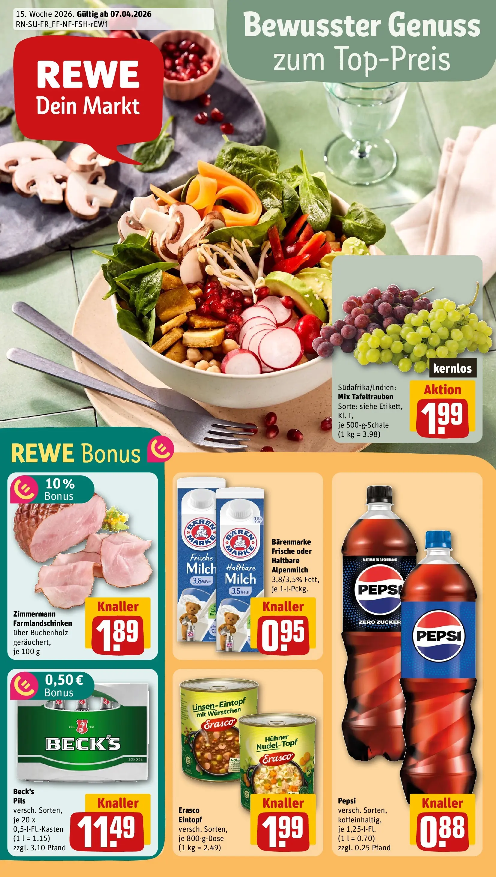 REWE Prospekt ab 05.04.2026 zum Blättern » Angebote | Seite: 3 | Produkte: Milch, Pils, Zucker, Erasco