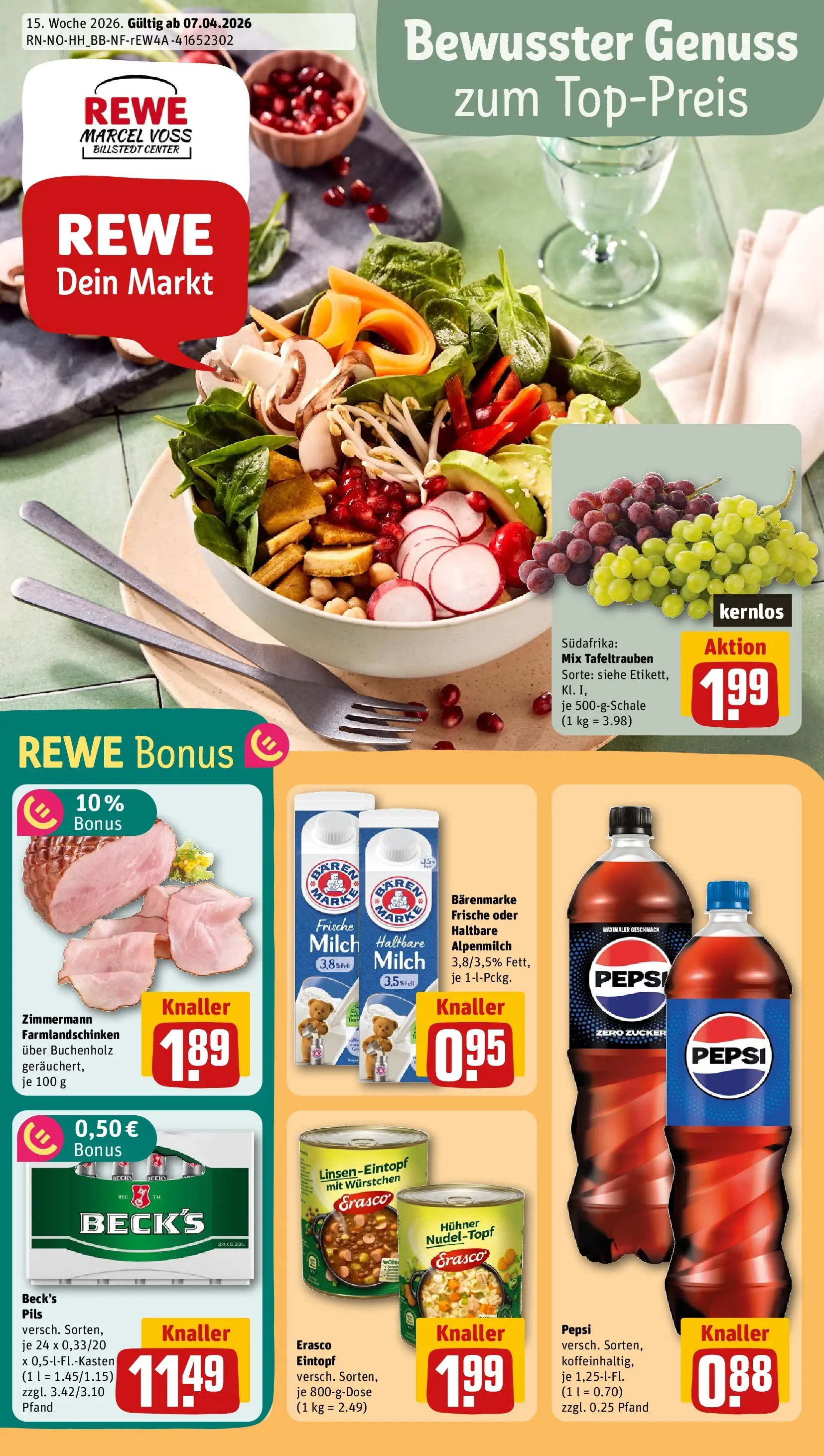 REWE Prospekt ab 05.04.2026 zum Blättern » Angebote | Seite: 1 | Produkte: Milch, Pils, Zucker, Erasco