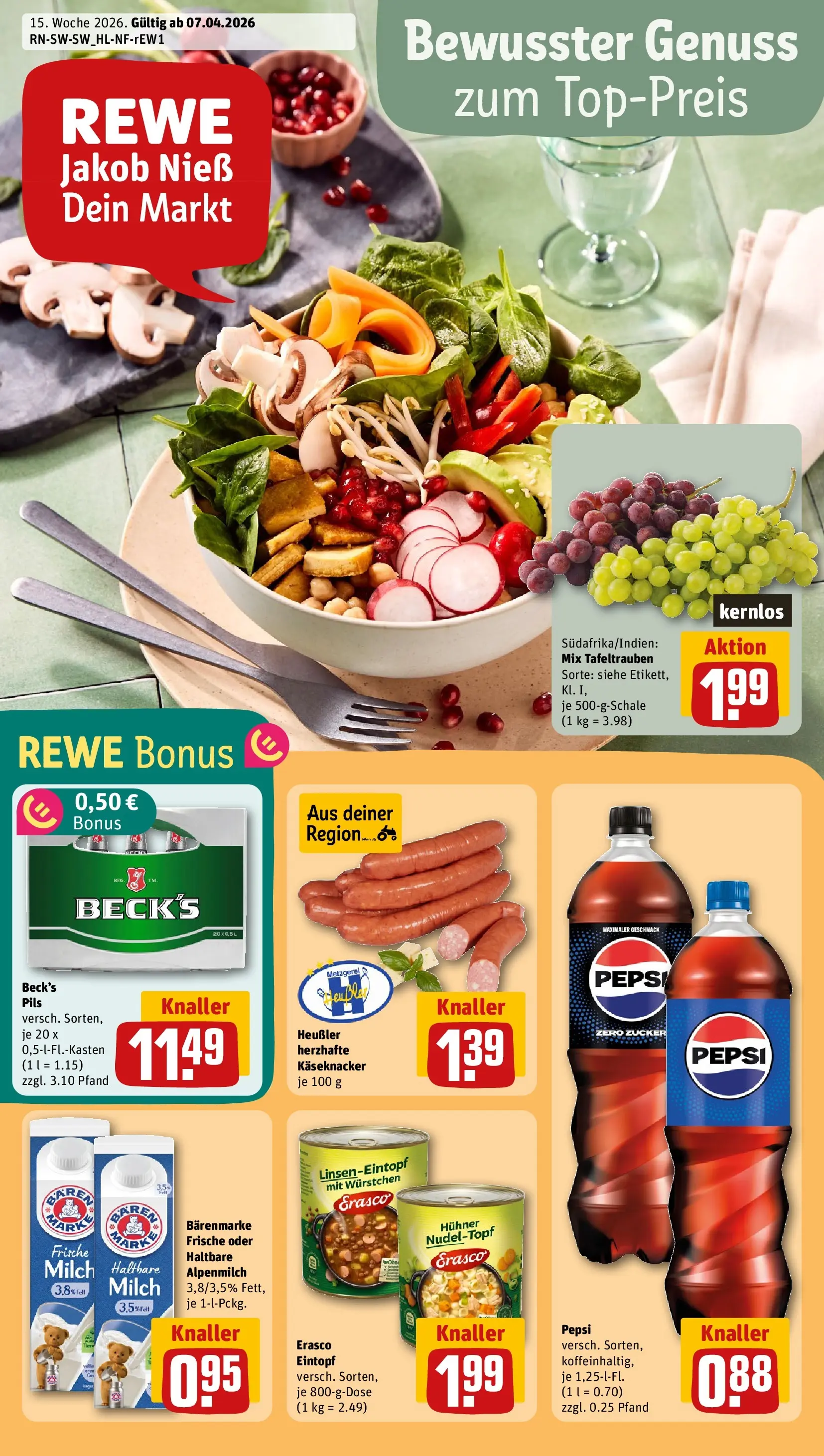 REWE Prospekt ab 05.04.2026 zum Blättern » Angebote | Seite: 1 | Produkte: Cola, Zucker, Pepsi, Erasco