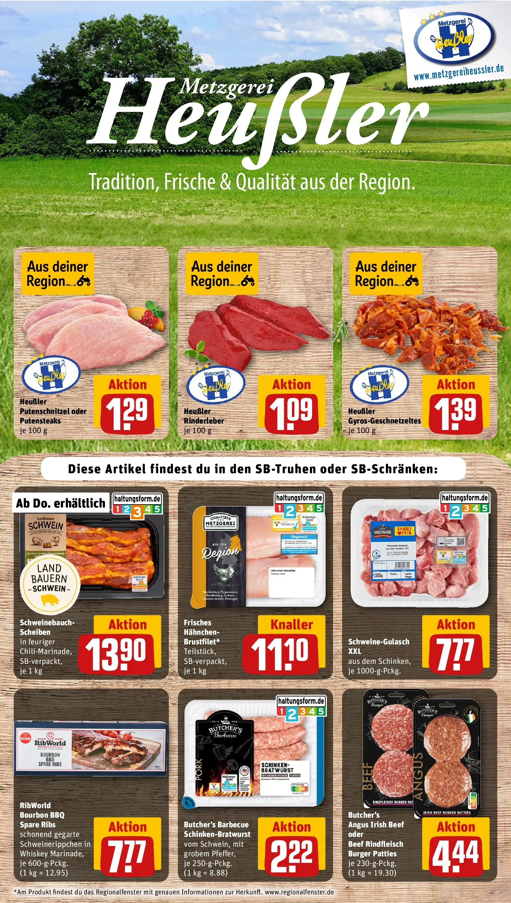 REWE Prospekt ab 05.04.2026 zum Blättern » Angebote | Seite: 8 | Produkte: Schweinegulasch, Bratwurst, Spare ribs, Burger