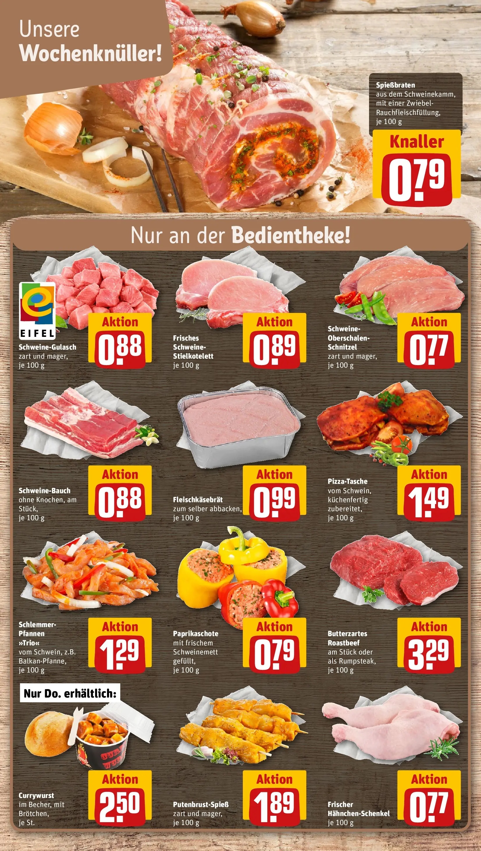 REWE Prospekt ab 05.04.2026 zum Blättern » Angebote | Seite: 8 | Produkte: Schweinegulasch, Schnitzel, Roastbeef, Pizza