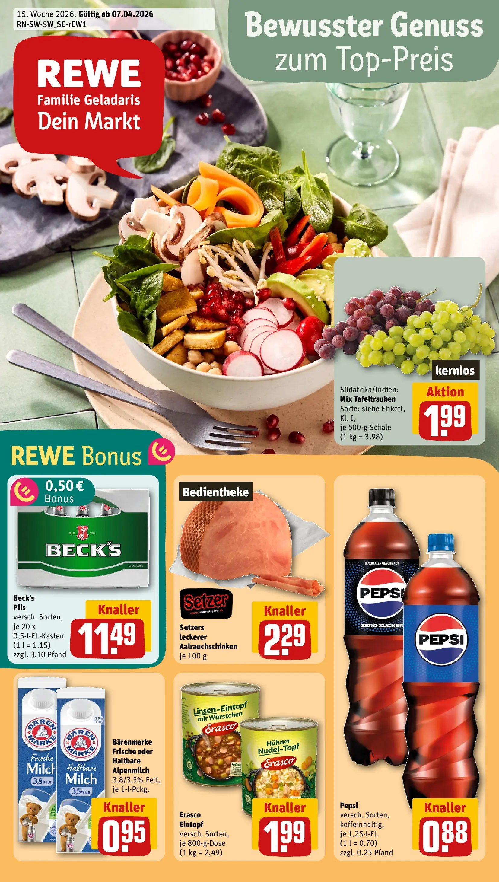 REWE Prospekt ab 05.04.2026 zum Blättern » Angebote | Seite: 1 | Produkte: Milch, Haltbare milch, Zucker, Pepsi