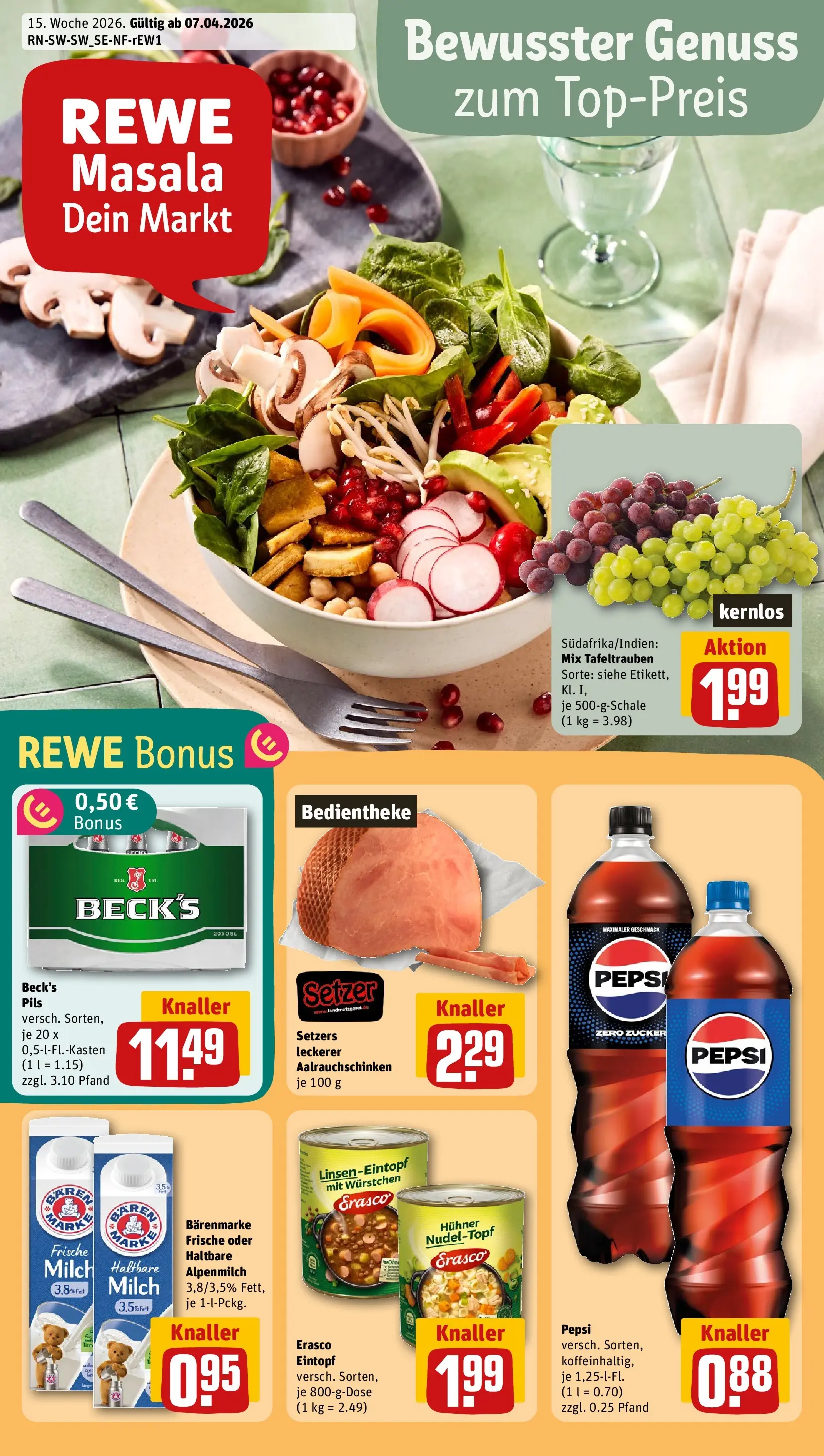 REWE Prospekt ab 05.04.2026 zum Blättern » Angebote | Seite: 1 | Produkte: Milch, Pils, Pepsi, Erasco